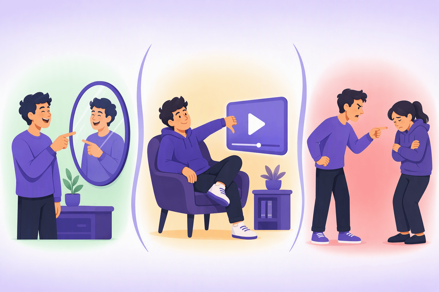 Three scenes showing rising social risk: someone laughing at their own reflection, someone giving a video a thumbs down, and someone pointing at another person who shrinks back