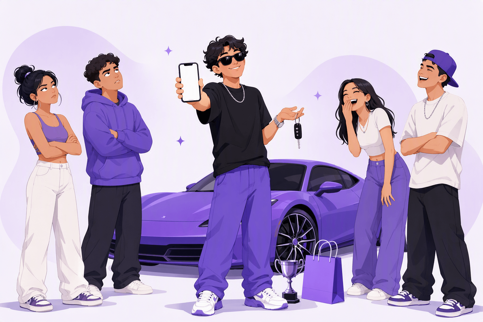 A confident young person showing off a phone, designer sunglasses, car keys, a trophy and a shopping bag in front of a sports car, while friends around them react with laughter and amused eye-rolls