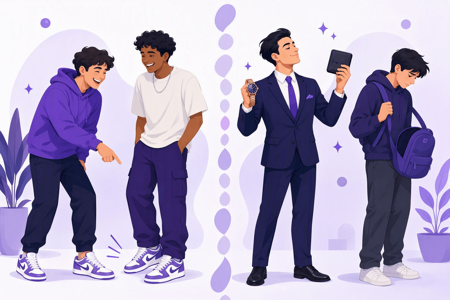 Split scene contrasting two reactions to showing off: on one side two friends laugh together as one playfully points at the other's new sneakers, on the other side a proud person in a suit holds up a luxury watch and wallet while someone with an empty backpack looks down and turns away