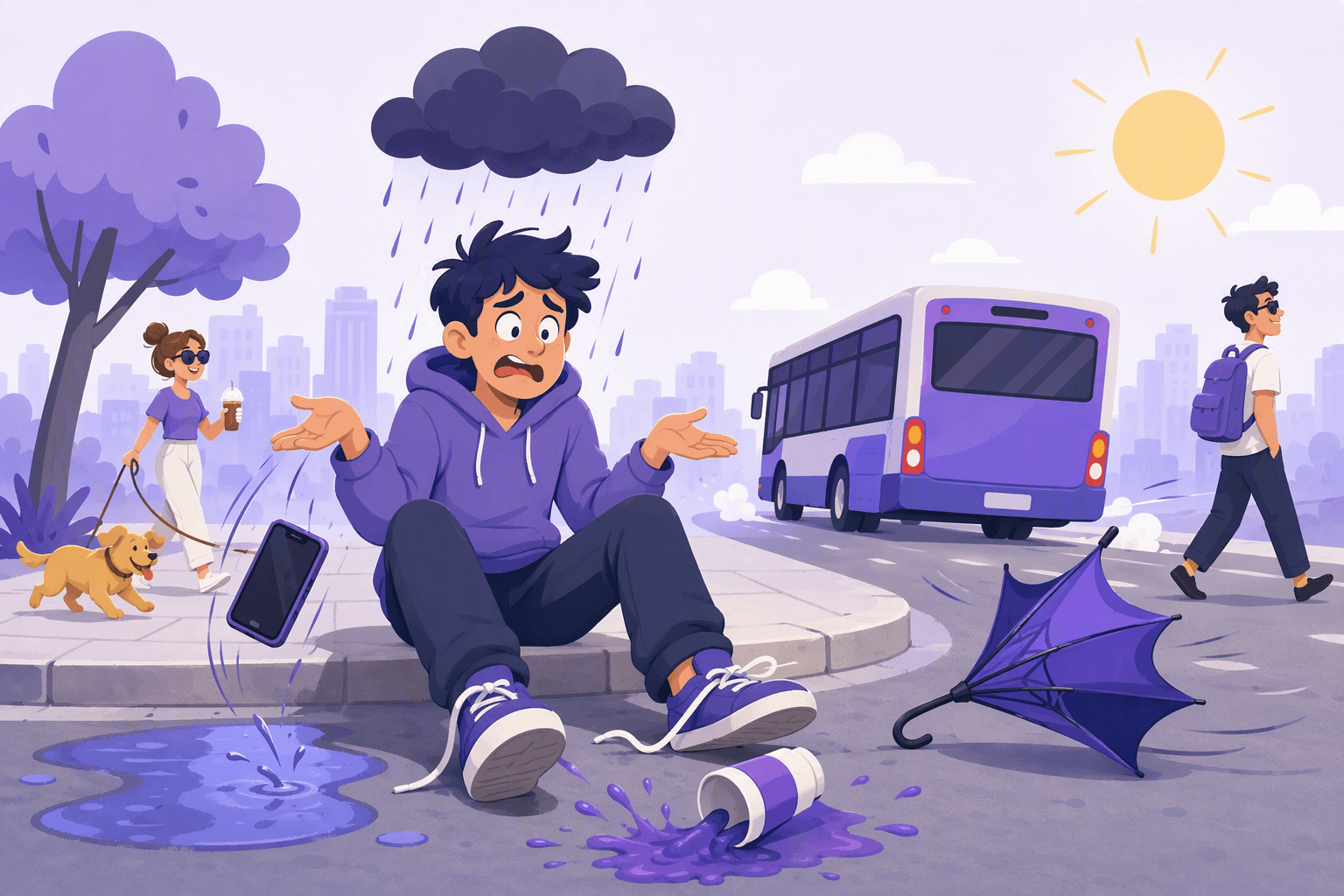 A young person sits on a city curb under a personal rain cloud while a phone slips toward a puddle, coffee spills and the bus pulls away, illustrating the comic bad-luck streak behind FML