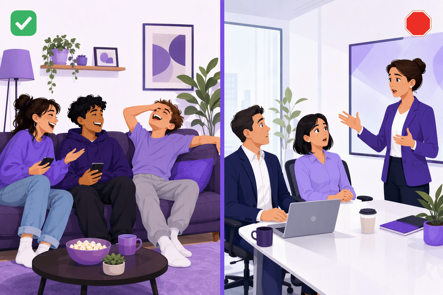 Split scene: on the left, three friends laugh together on a sofa while one flops back in mock despair; on the right, colleagues in a meeting room look startled, showing where casual profanity fits and where it does not