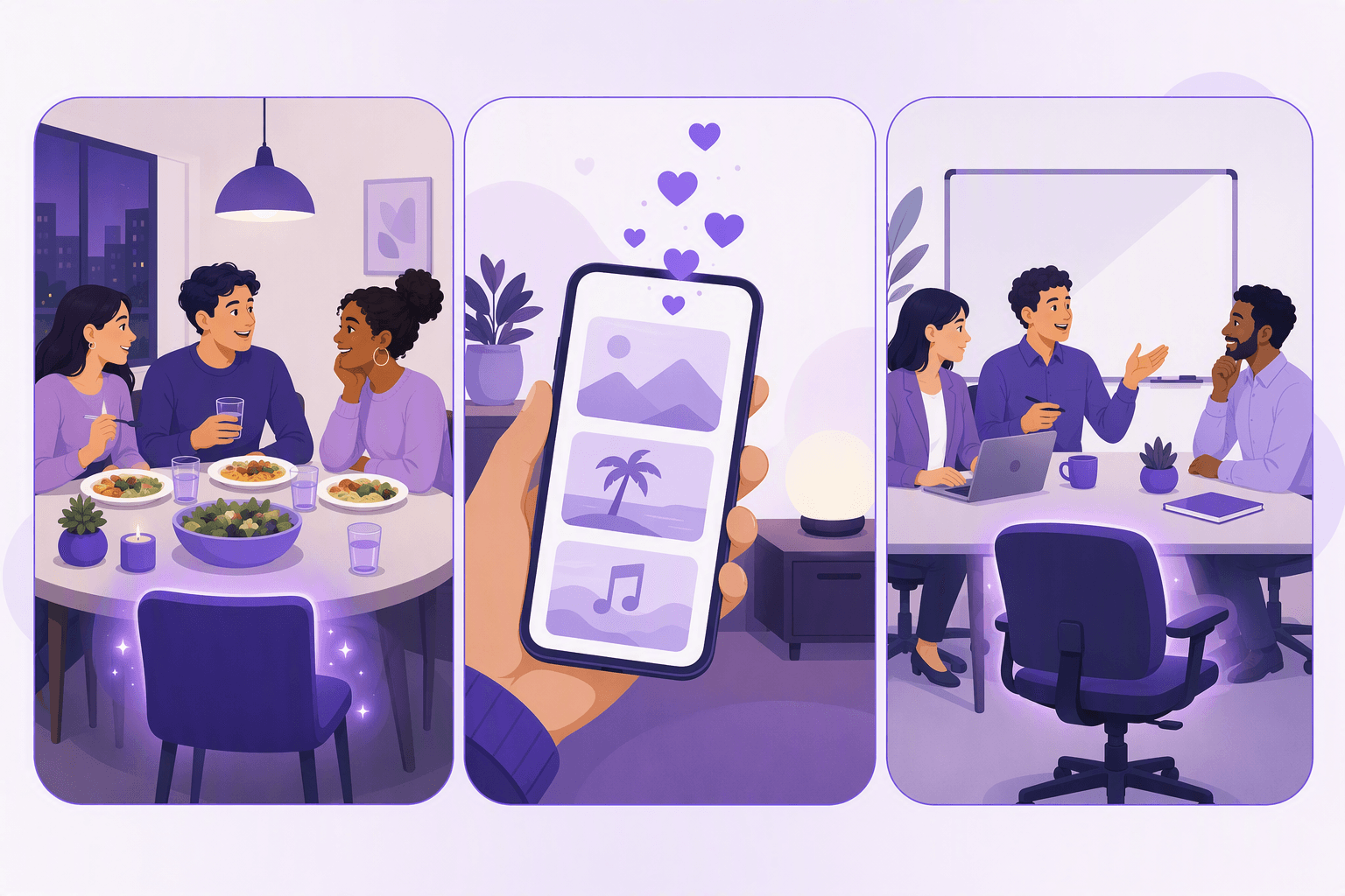 Three scenes side by side: friends at a dinner table with one empty chair, a phone showing travel and music stories, and an office meeting with an empty chair