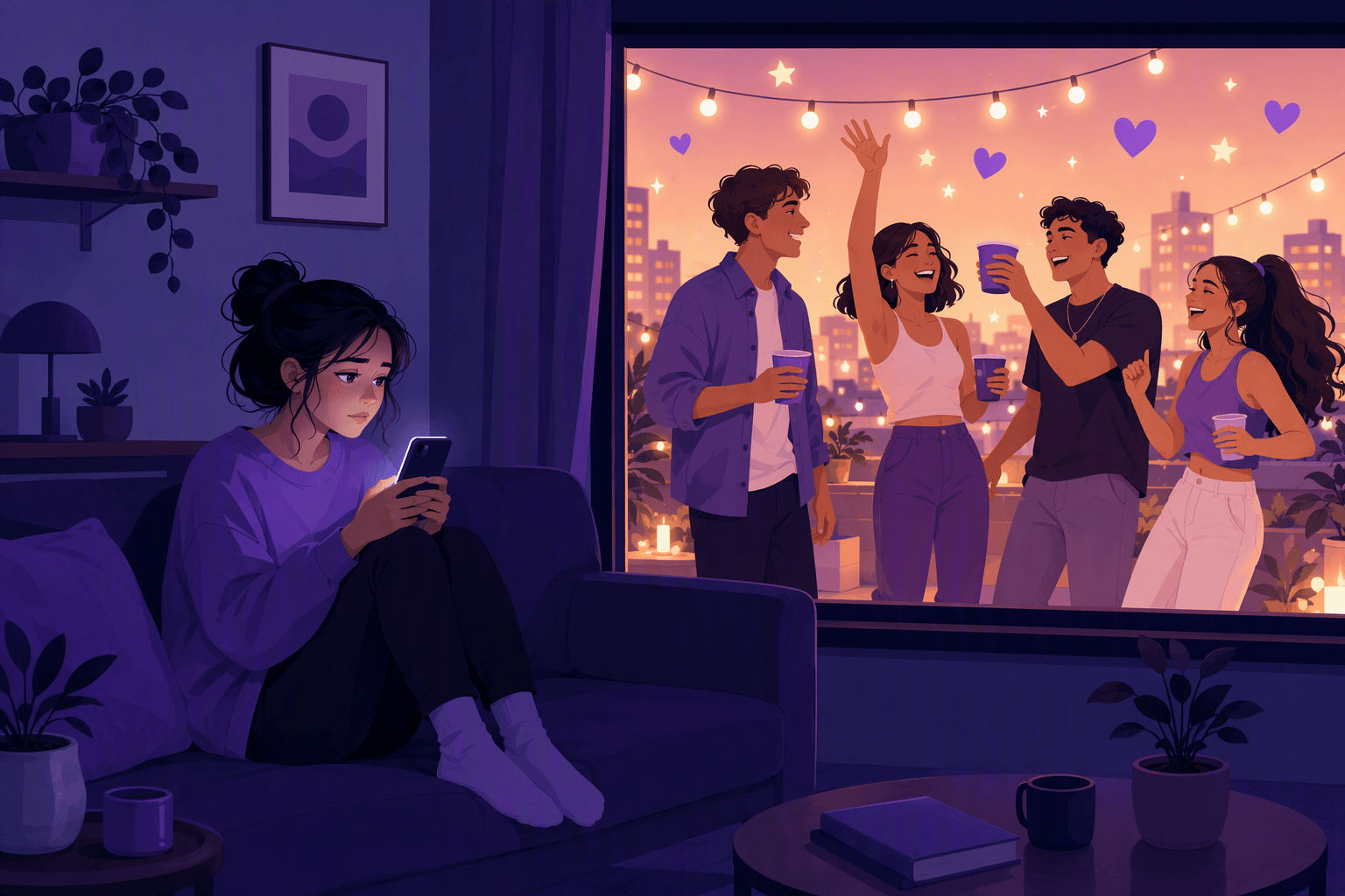 A person alone on a couch at night lit by a phone screen, watching friends laugh at a rooftop party through the window