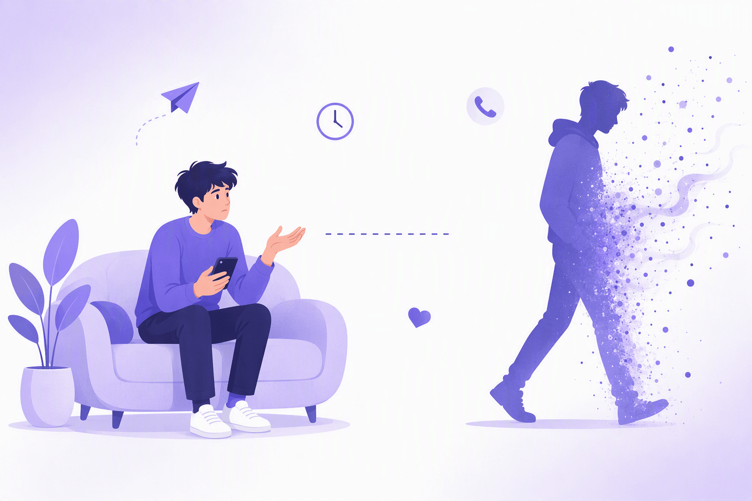 One person sits on a sofa holding a phone with a questioning gesture while the other walks away and dissolves into drifting particles, the dotted line between them breaking off halfway