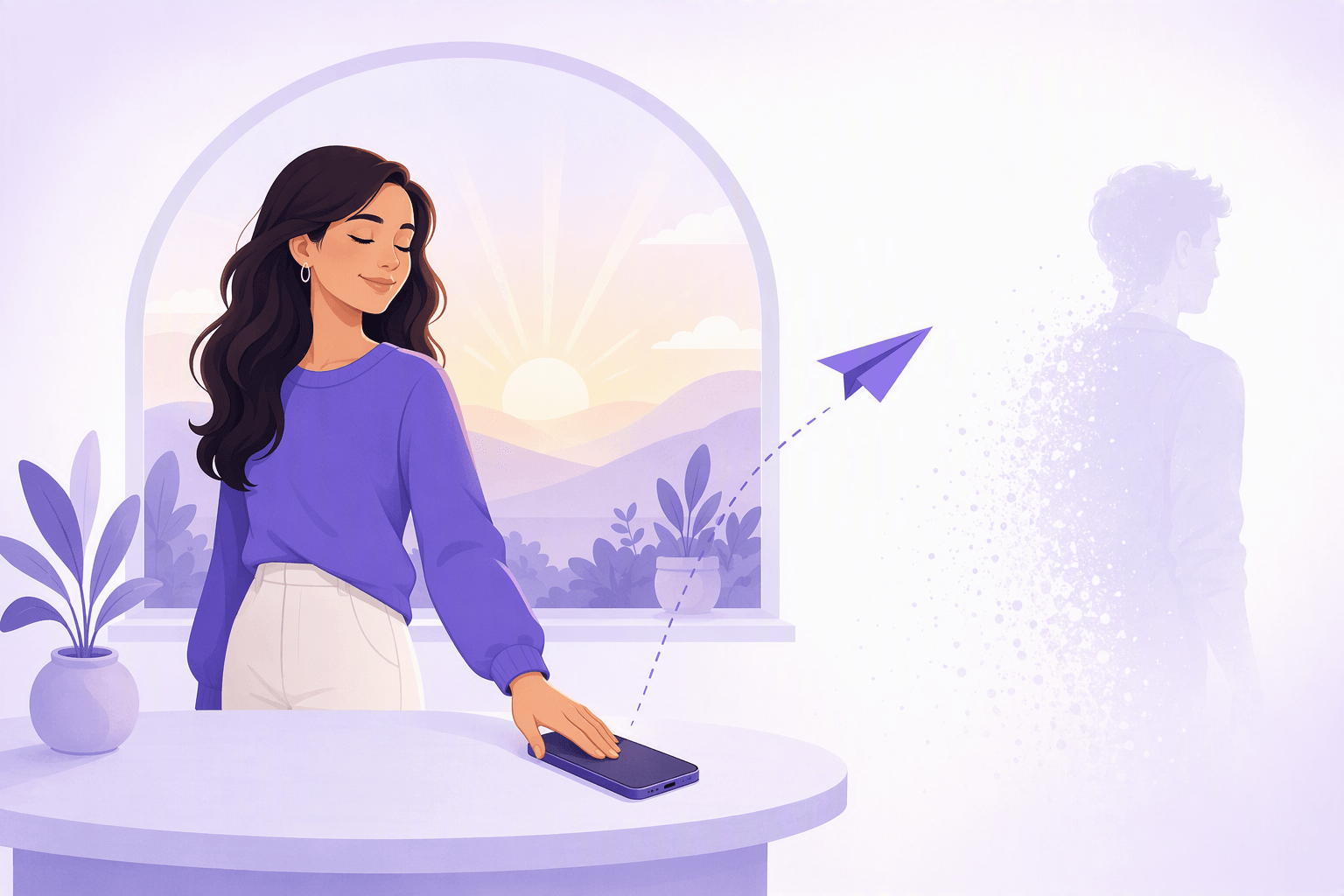 A calm woman places her phone face down on a table after sending a single message, one paper plane arcing away toward a barely visible figure dissolving into light, with a sunrise in the window behind her