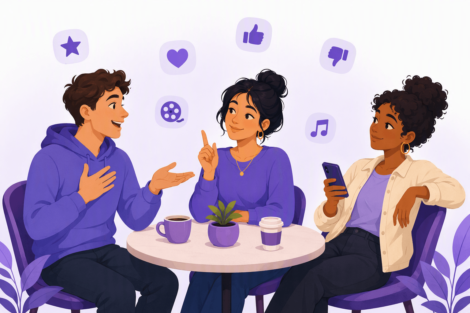 Three friends at a cafe table trading personal opinions, surrounded by rating and taste icons