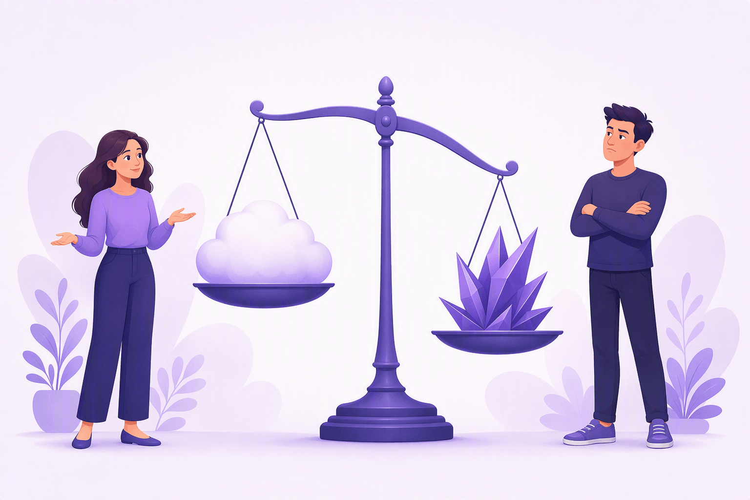 A balance scale weighing a soft cloud shape against a sharp spiky crystal, with a calm speaker on one side and a blunt one on the other