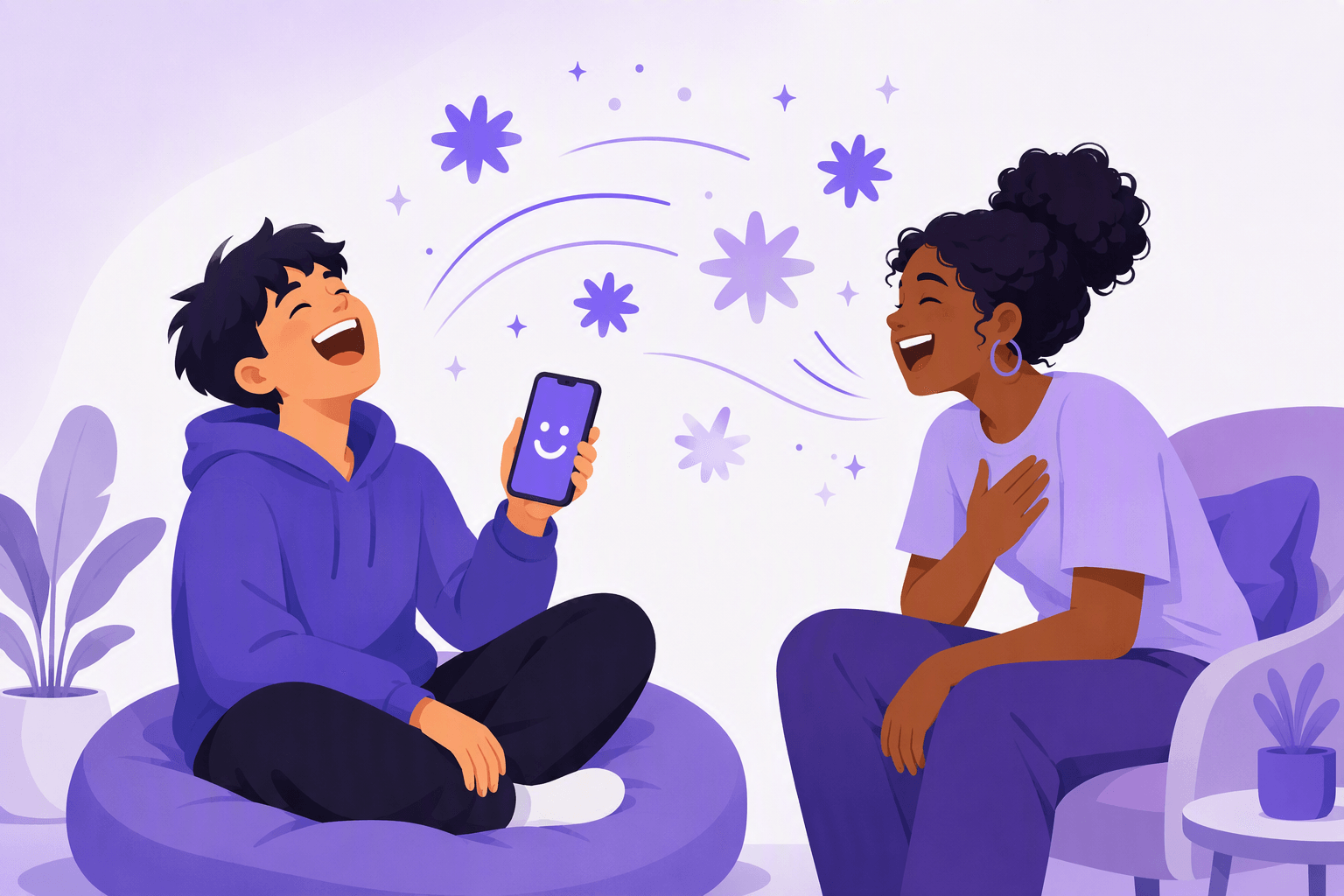 Two friends laughing together on a couch, one holding a phone with a smiling face on the screen, with sparkles and motion arcs floating between them