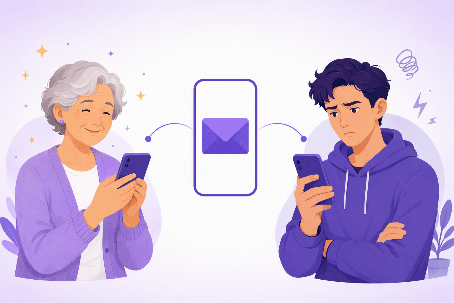 The same message arriving on two phones: an older reader smiles warmly at it while a younger reader frowns at the identical text