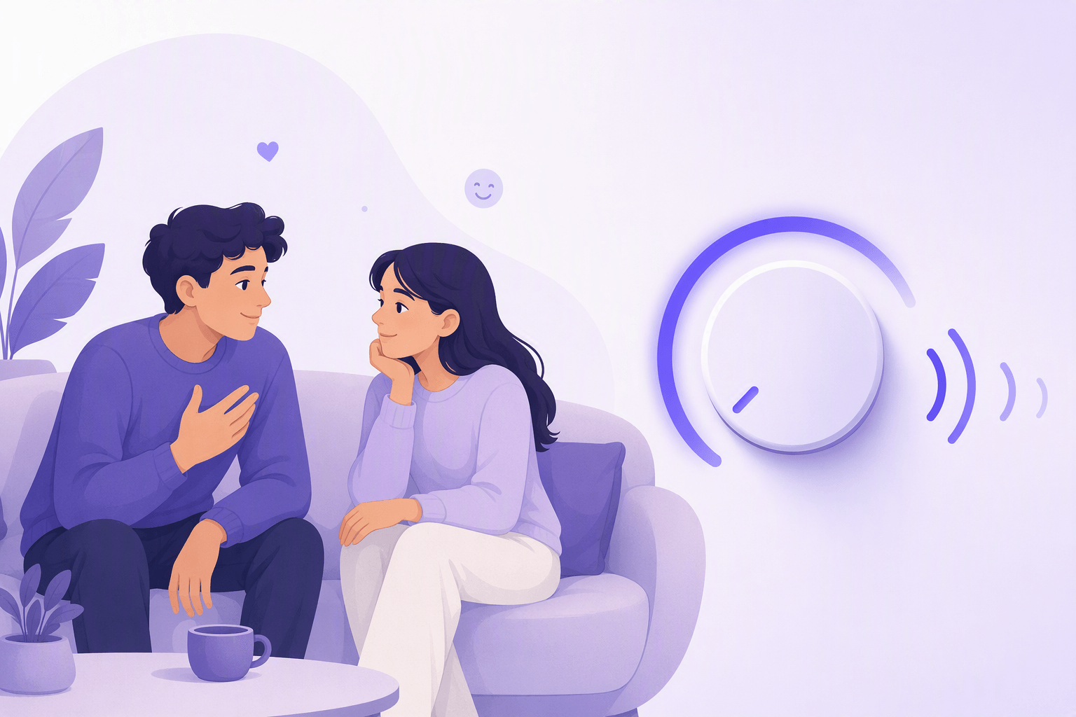Two friends chatting quietly on a sofa beside a volume dial turned down low, illustrating the softened tone of the slang word lowkey