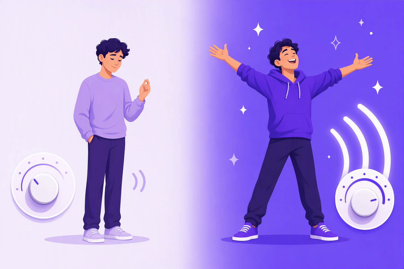 Split illustration contrasting a calm person with a small gesture and a low dial against an excited person with open arms and a dial turned up, showing lowkey versus highkey energy