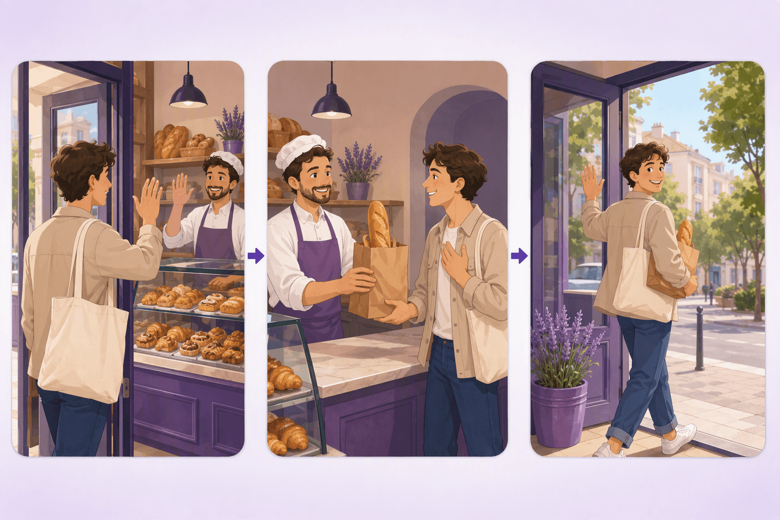 Three-panel illustration of a bakery visit: a customer waving to the baker on entering, receiving a bag of bread with a hand on the chest, and waving again on the way out