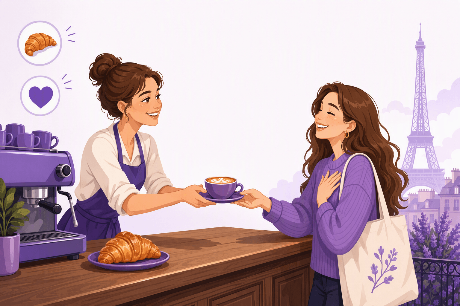 Illustration of a barista in a French cafe handing a coffee cup to a smiling customer who places a hand on the chest in a gesture of thanks, with a croissant on the counter and the Eiffel Tower behind