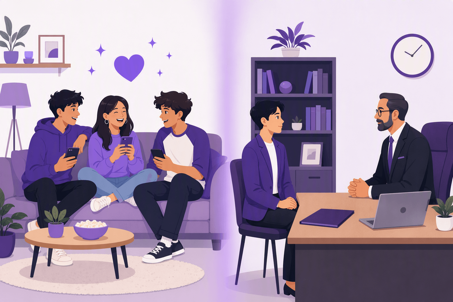 Split illustration: on the left three friends laugh together on a sofa with their phones in a relaxed living room, on the right a young person in a blazer sits upright across a desk from an older manager in a suit in a formal office