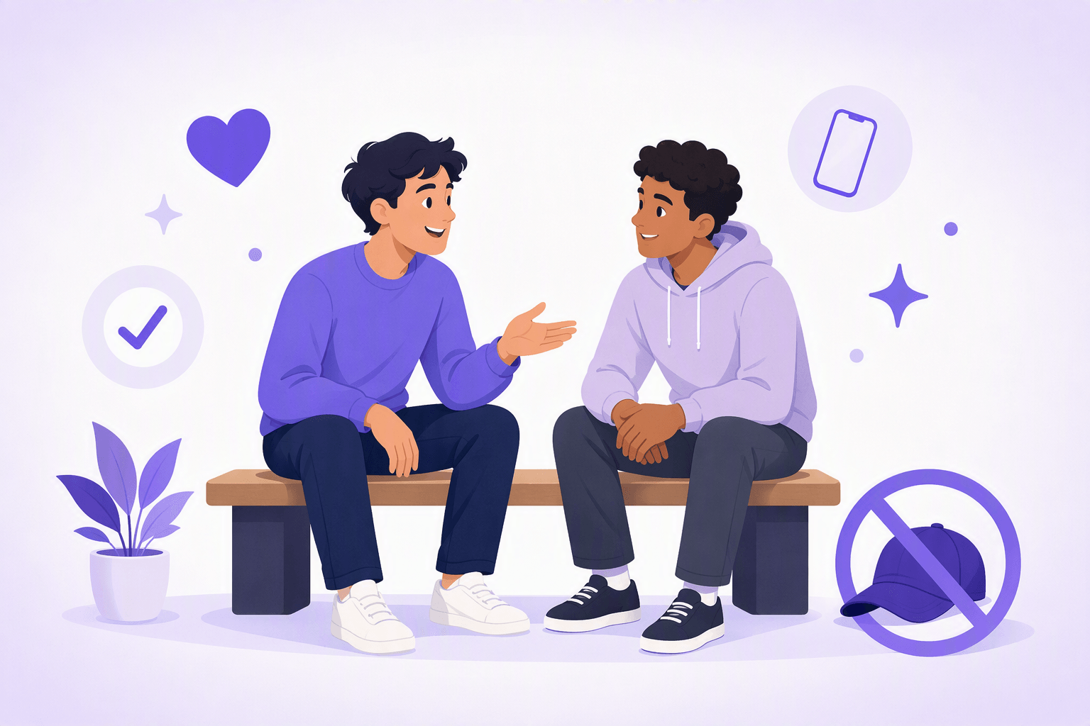 Two young friends sitting on a bench facing each other, one making an open-palm gesture of sincerity while the other nods in agreement, with a crossed-out baseball cap beside them and a checkmark badge, a heart and a phone floating nearby
