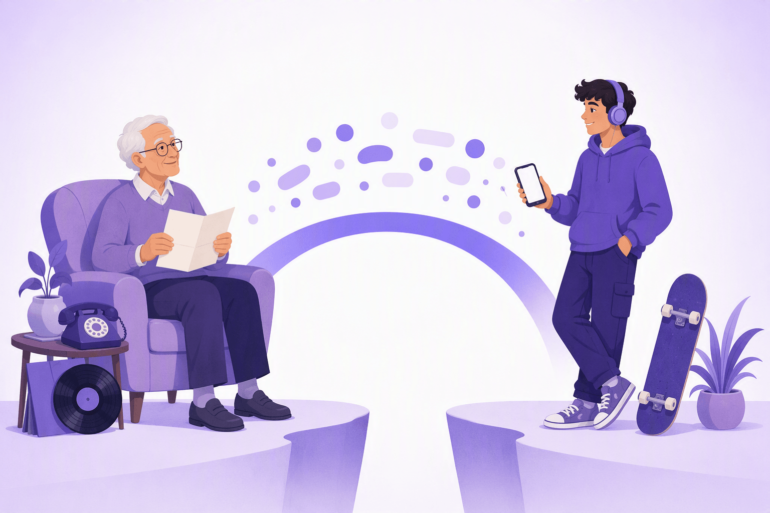 An older person in an armchair with a record and a rotary phone faces a young person with a smartphone and headphones, a gap in the ground between them bridged by an arch
