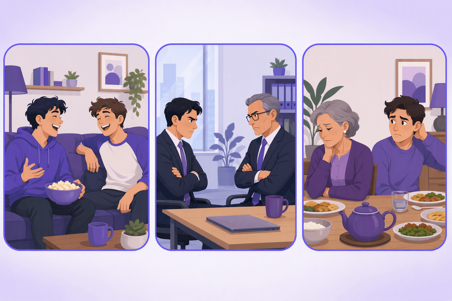 Three scenes side by side: two friends laughing on a couch, a tense office meeting between a young and an older colleague, and a family dinner where an older relative looks hurt