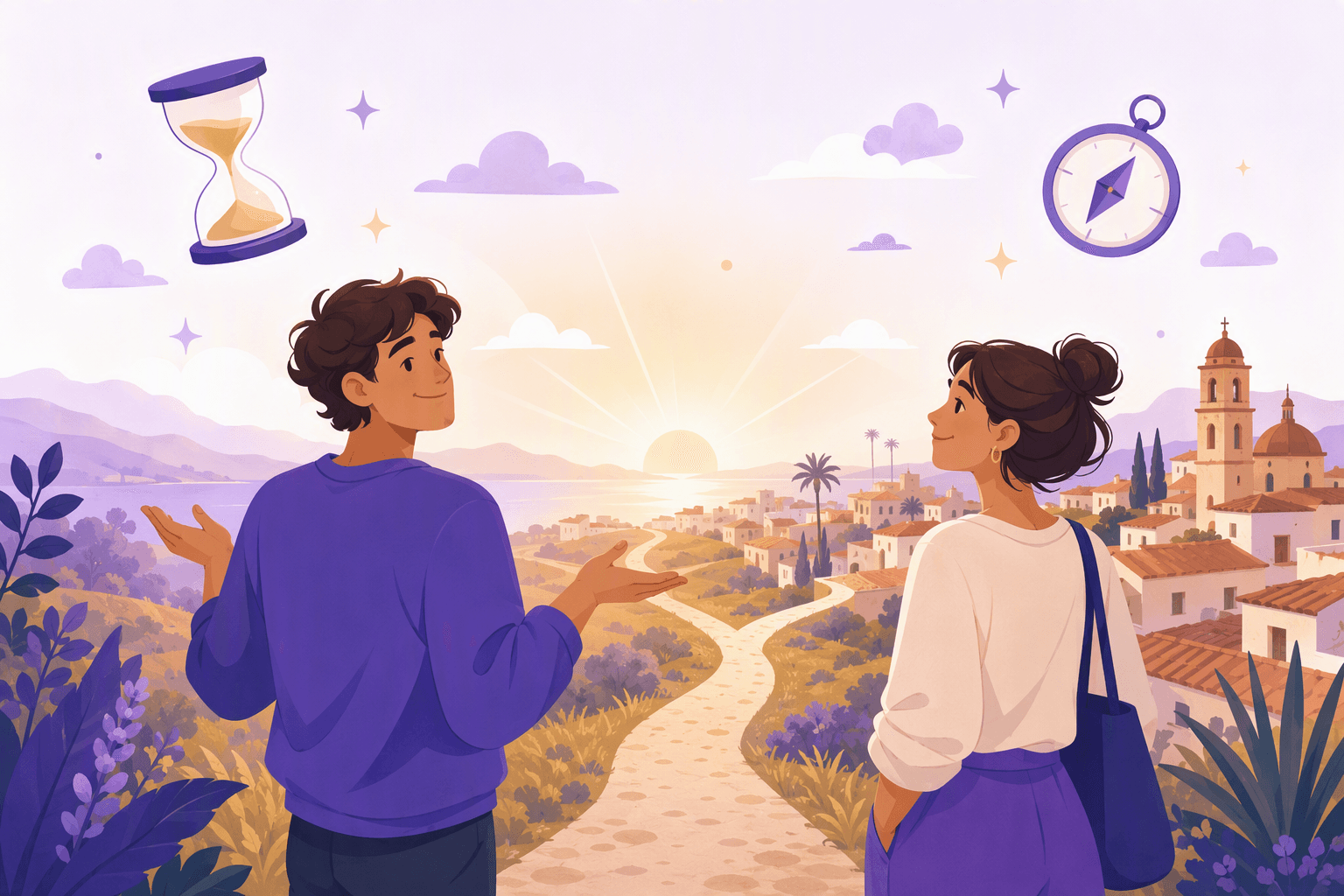 Two friends on a hillside above a Spanish town, one shrugging calmly at a road that splits into two paths toward the sunrise