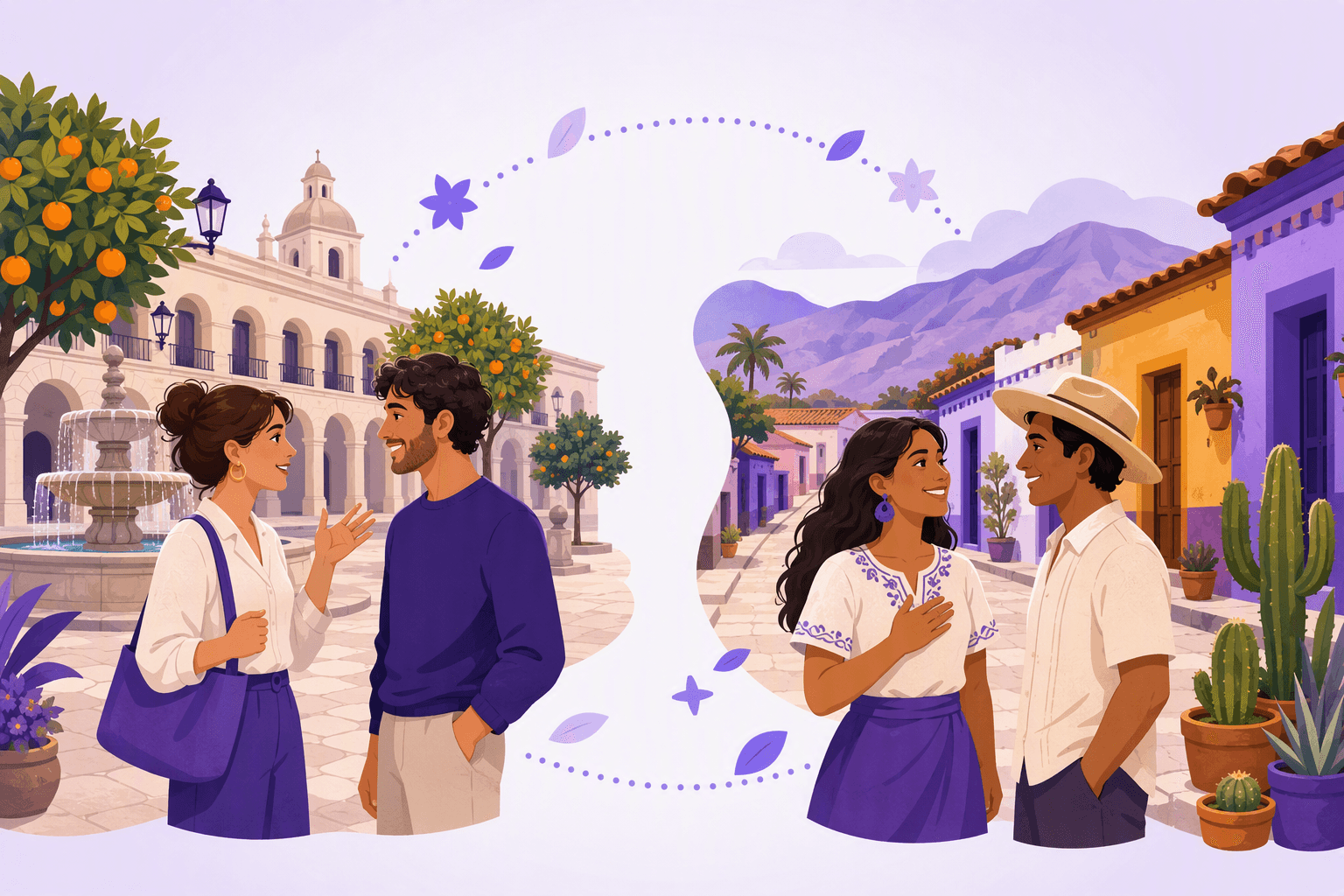 A European plaza conversation with a quick hand gesture on one side and a Latin American street conversation with a hand over the heart on the other