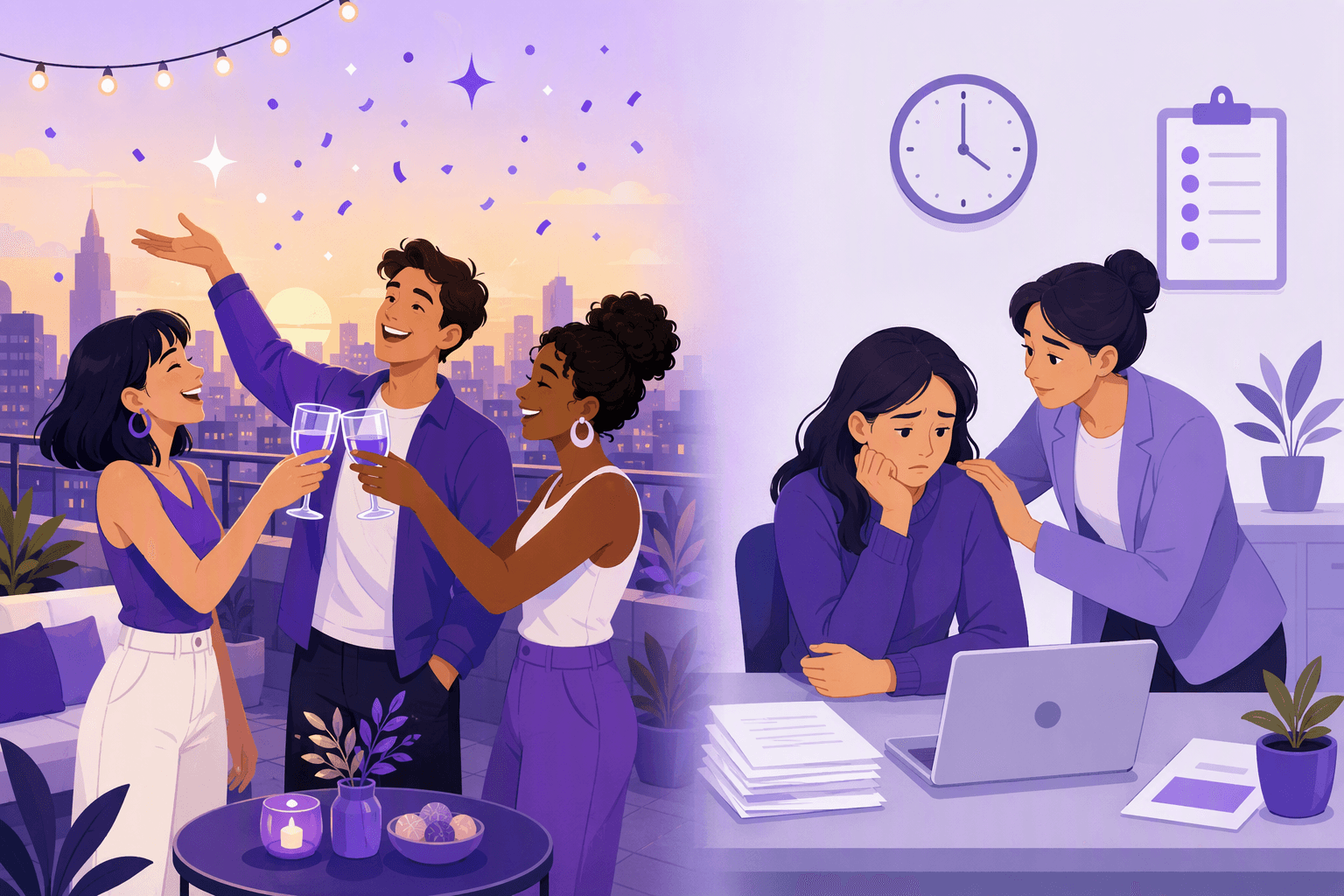 A rooftop toast among friends on one side and a colleague comforting a worried coworker at a desk on the other