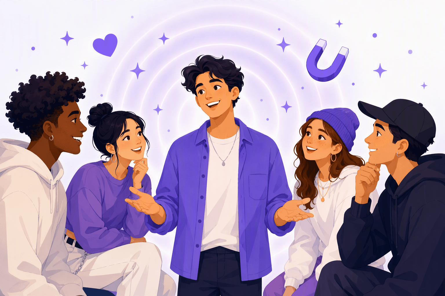 A relaxed young person standing among friends who lean in and smile at them, surrounded by soft glowing rings, floating sparkles, a heart shape and a small magnet icon that suggest personal magnetism and social charm