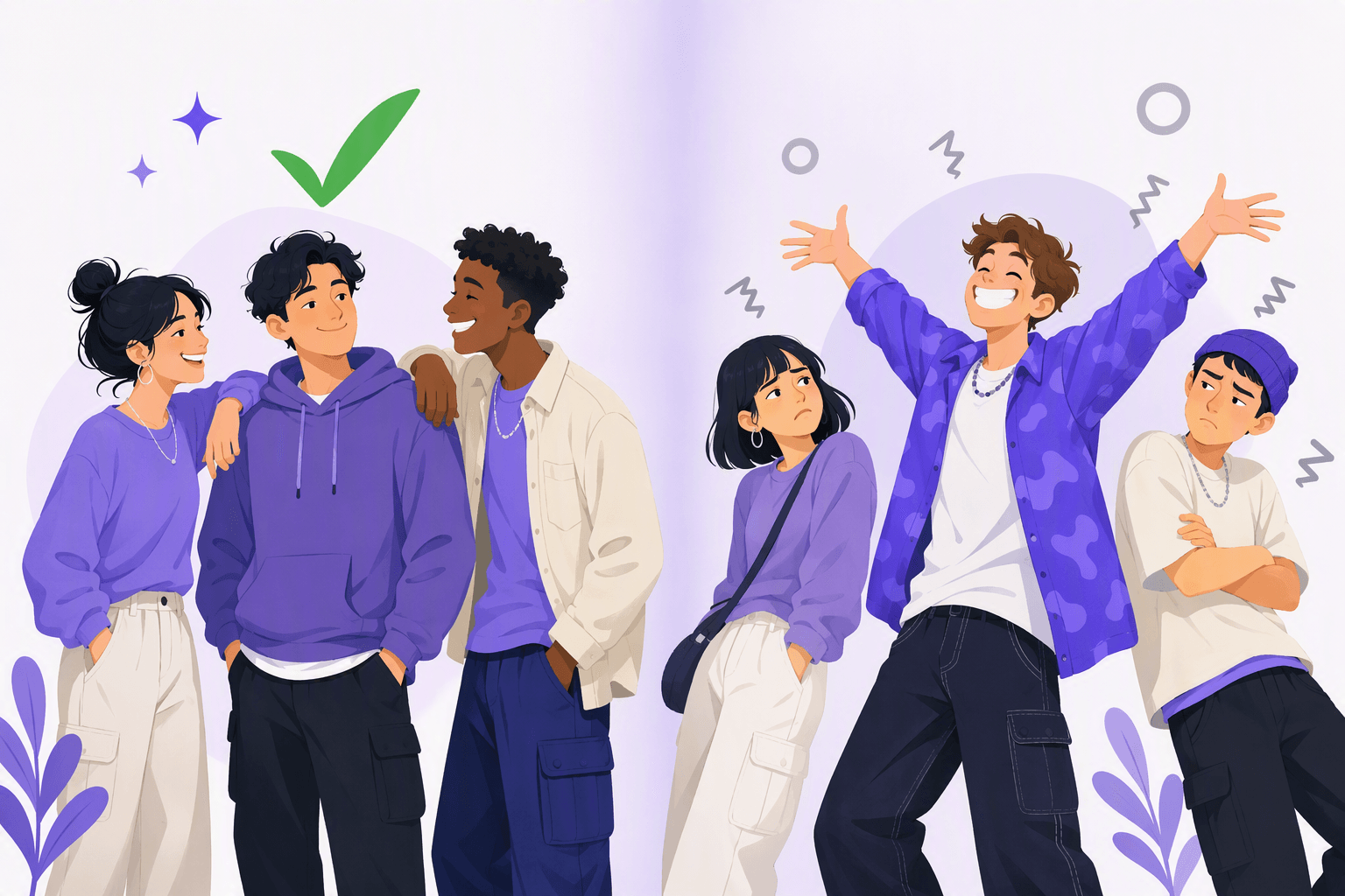 Split illustration: on one side a calm person stands among friends who lean in with easy smiles next to a green check mark, on the other side a person strikes an exaggerated arms-wide pose while two friends turn away with unimpressed expressions