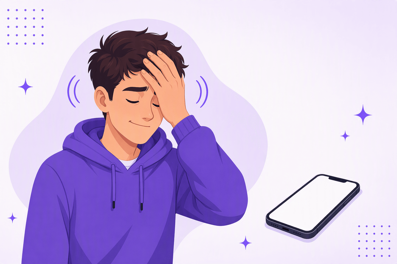 Flat vector illustration of a person with closed eyes resting a hand on their forehead, curved motion arcs on either side of their head suggesting a slow side-to-side head shake, with a phone lying face up beside them, symbolizing the silent reaction behind the abbreviation SMH