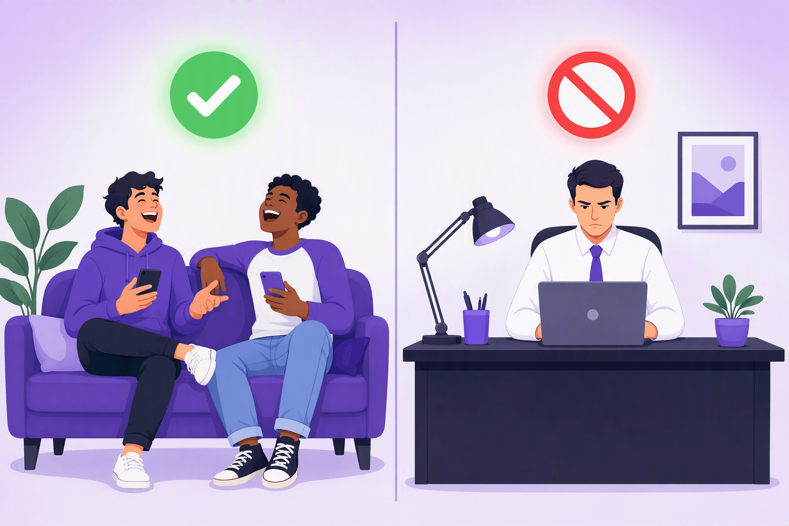 Flat vector illustration split into two halves: on the left two relaxed friends laugh together on a sofa with their phones under a green check icon, on the right a person in a shirt and tie sits seriously at an office desk under a red prohibition icon, showing where SMH fits and where it does not