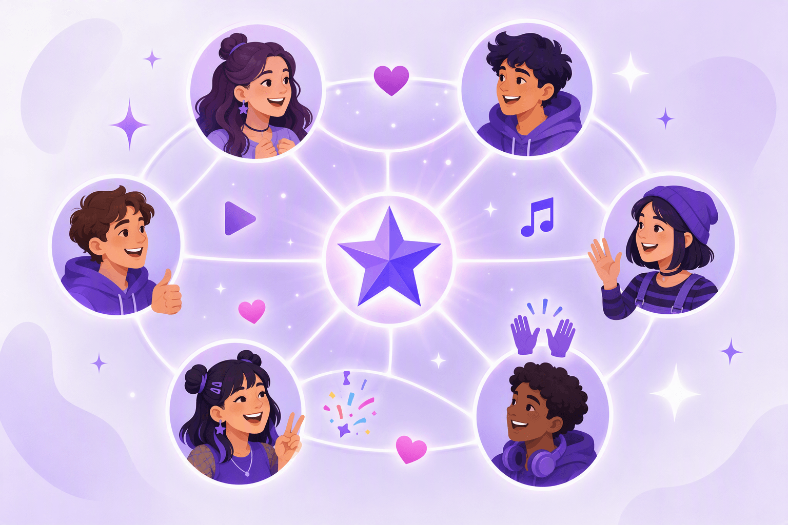 Six smiling fans in circular profile frames linked by glowing lines around a central star, with heart, play and music icons floating between them, showing stan culture as a shared online identity