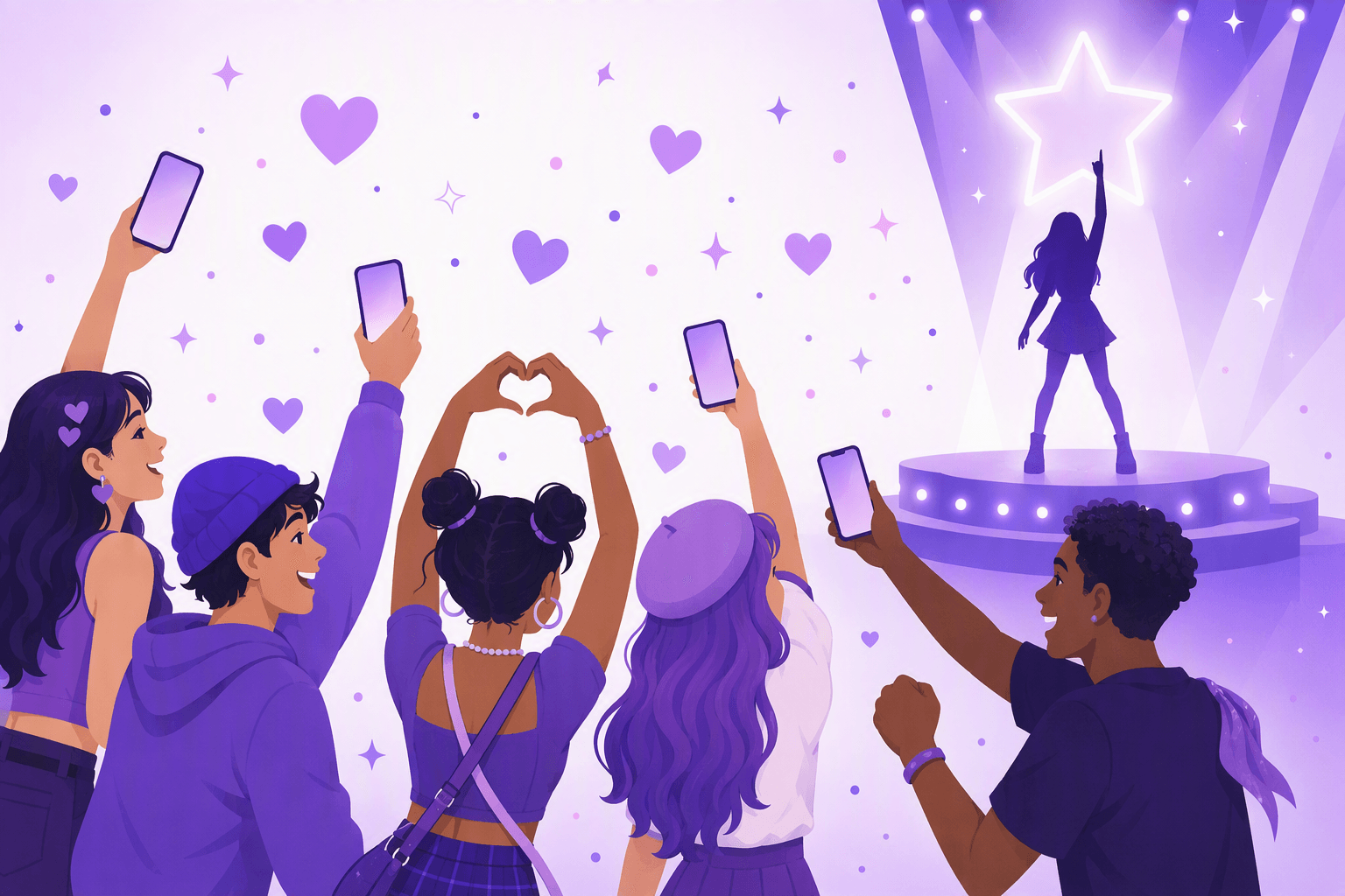 A cheering crowd of devoted fans raising phones and heart-shaped hands toward a performer on a spotlit stage, illustrating what it means to stan someone