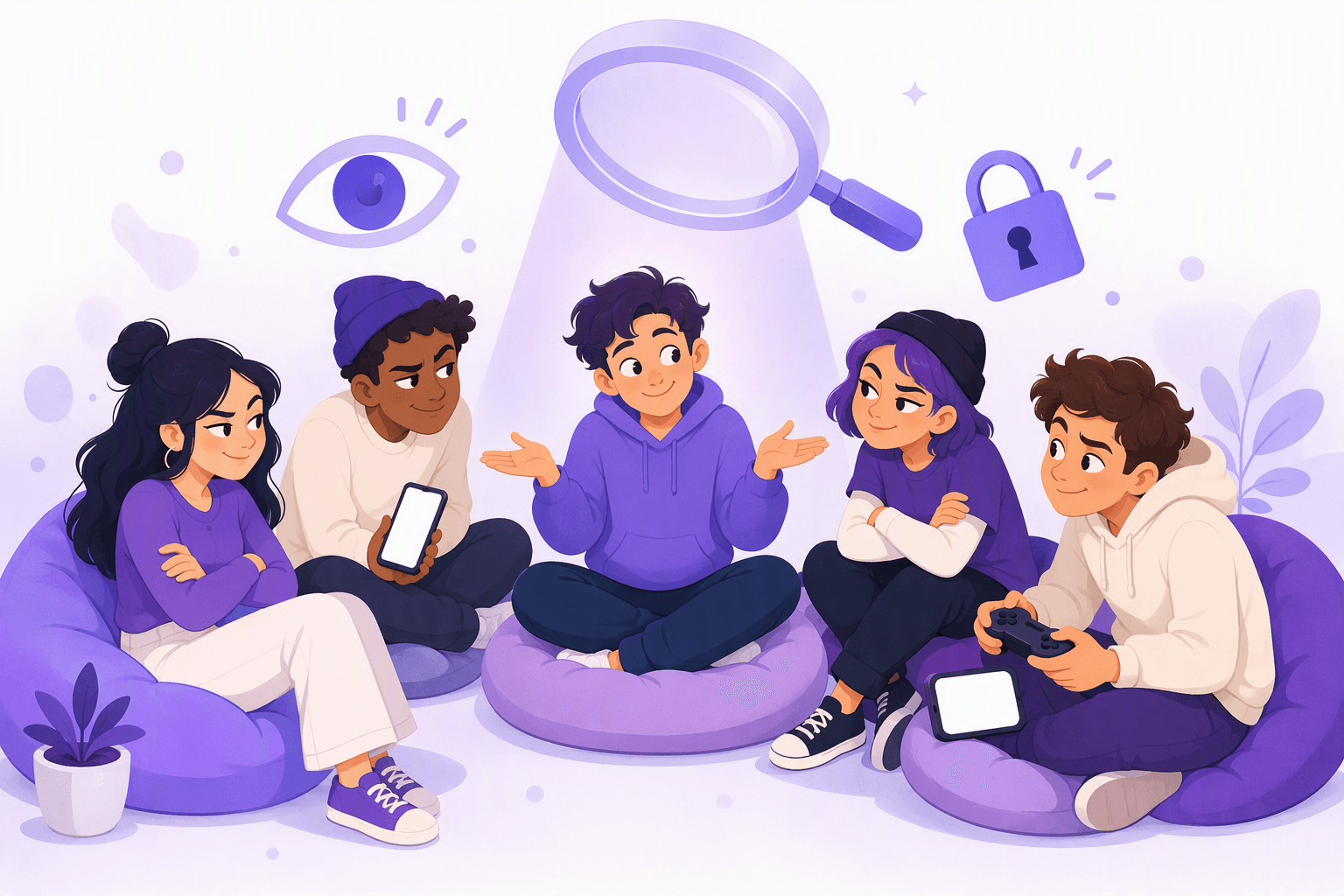 Friends sitting in a circle with phones and a game controller, giving raised eyebrows and sideways glances at one shrugging person lit by a spotlight, under a floating magnifying glass