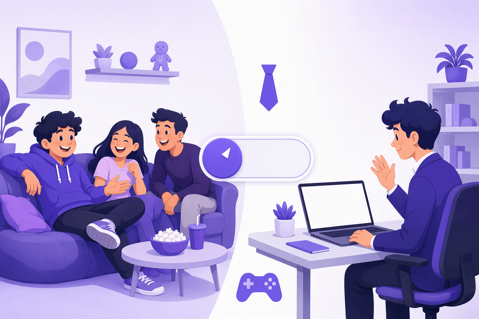 Split illustration: friends laughing together on a sofa on one side, the same person in a blazer on a video call at a tidy desk on the other, with a slider between them