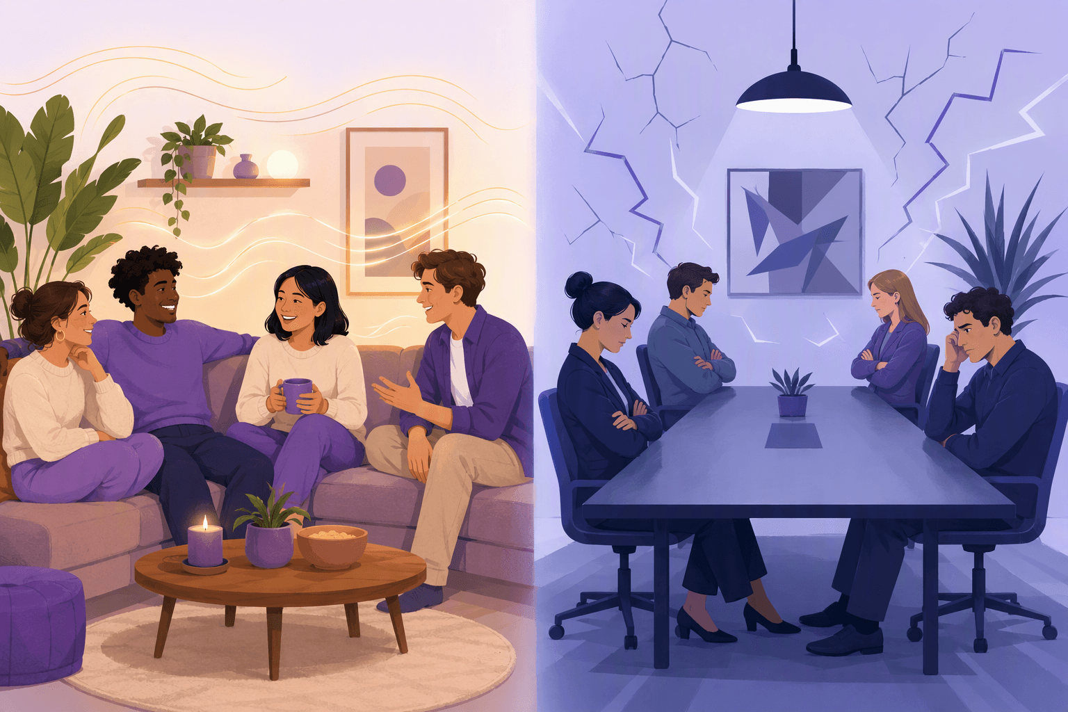Two contrasting rooms side by side: friends relaxed and close together in warm light on the left, and people sitting stiffly apart with crossed arms in cold light on the right