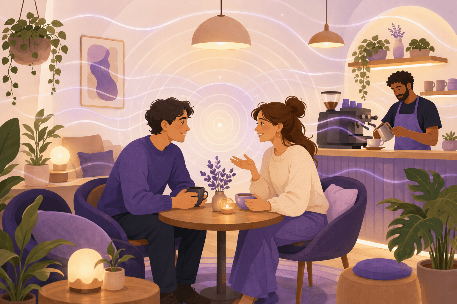 Relaxed friends talking in a warm, softly lit cafe while gentle ripple lines spread through the room, illustrating the atmosphere people call a vibe