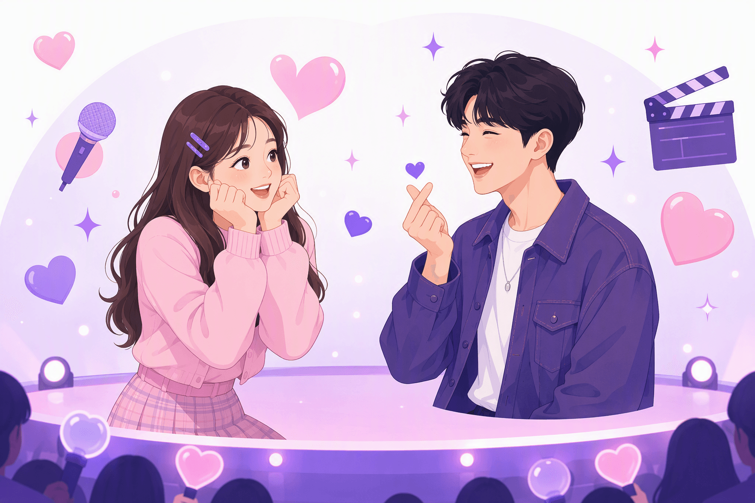 A young woman presses her fists to her cheeks in the classic Korean cute pose while a laughing young man makes a finger heart on a fan meeting stage