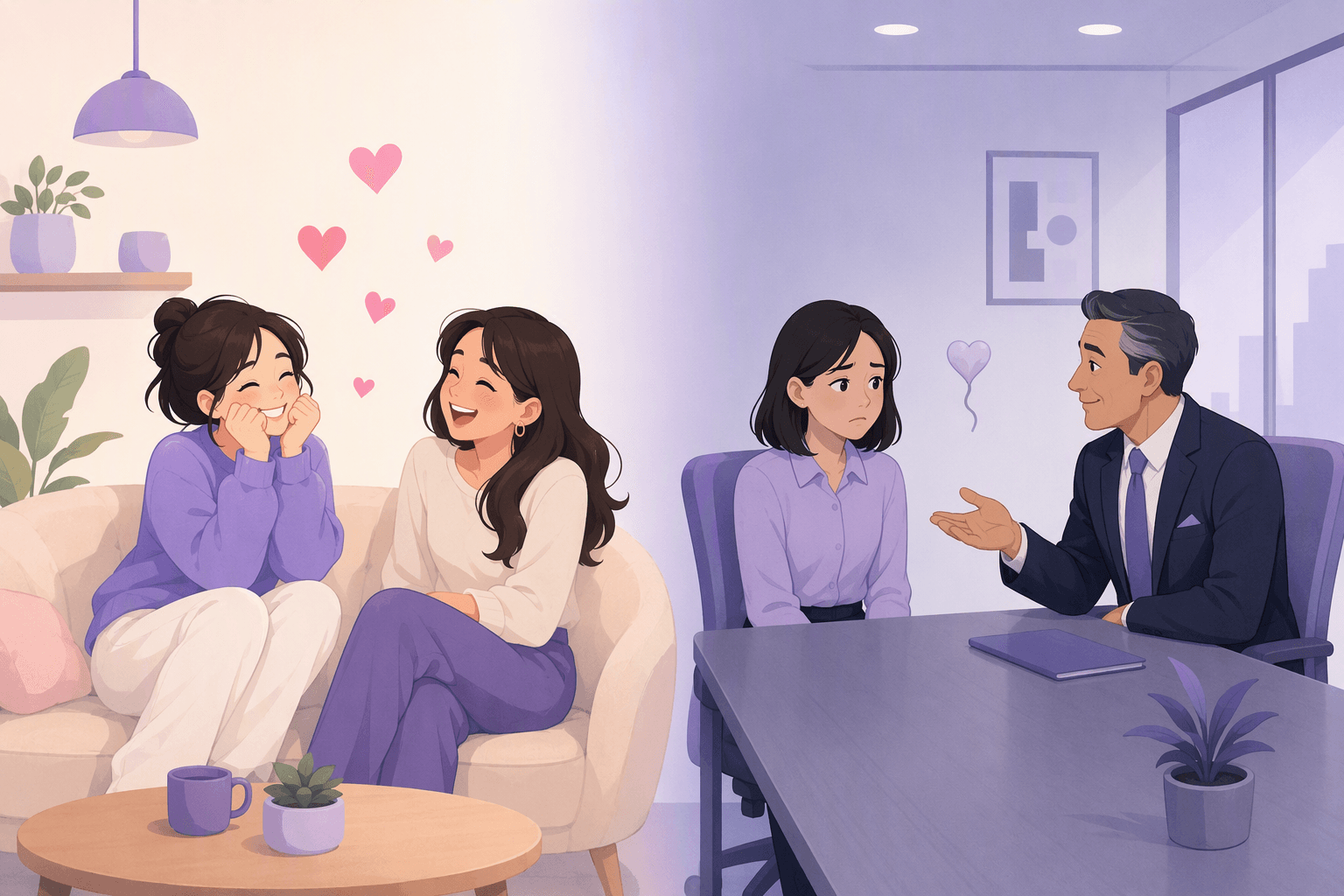 Two friends laughing together on a couch on one side, a stiff office meeting where the same behavior falls flat on the other