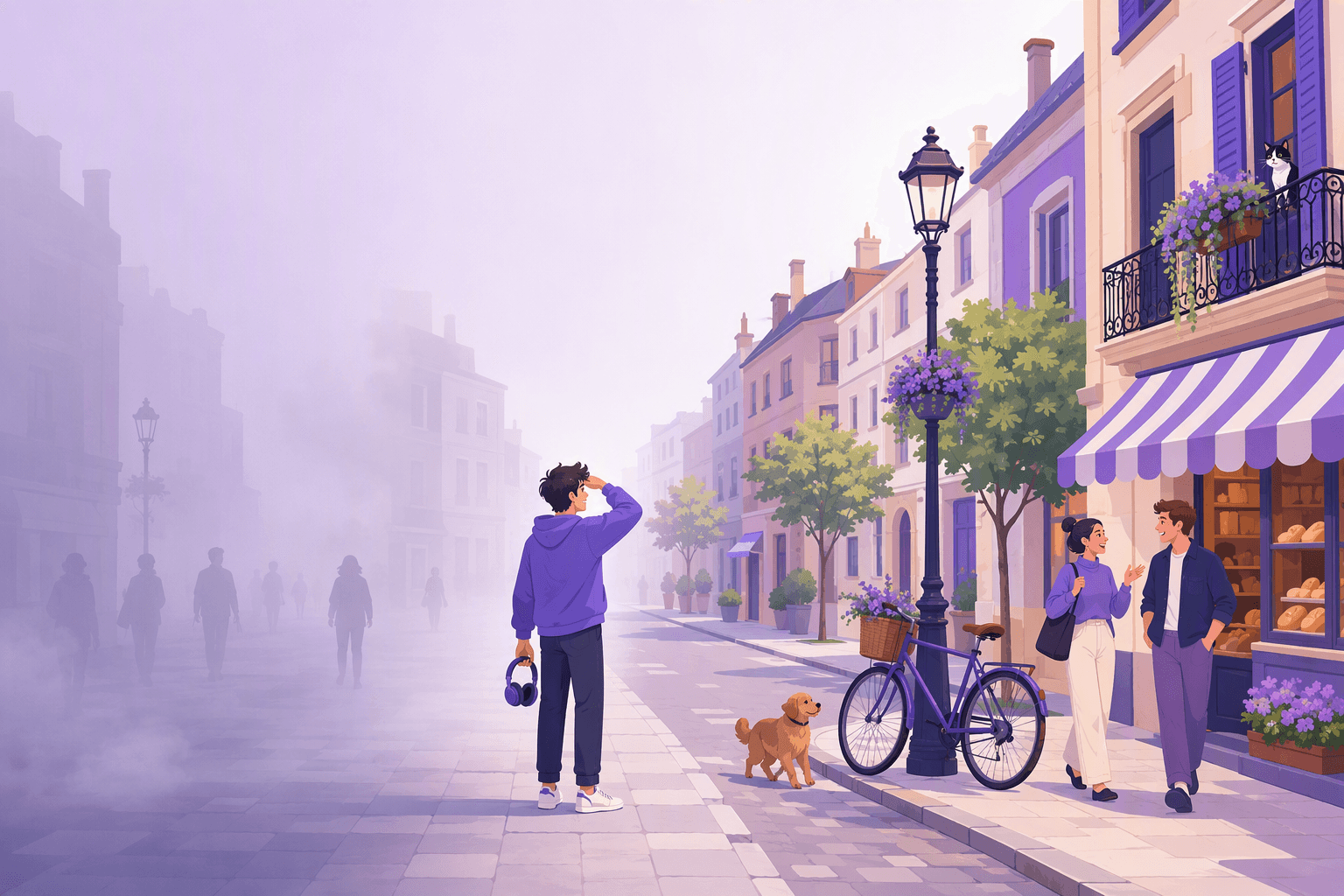 Un panorama continuo di una strada che cambia da sinistra a destra: l'estremità sinistra è sepolta in una fitta nebbia grigio-lavanda dove si intuiscono solo vaghe sagome di edifici e passanti, mentre verso destra la stessa strada si risolve in una scena nitida e colorata con la tenda a righe di una panetteria, una bicicletta appoggiata a un lampione, un cane, fiori su un balcone e due persone che parlano, con qualche piccolo filo di nebbia ancora attaccato a singoli dettagli; una persona con le cuffie in mano si trova esattamente dove la nebbia lascia il posto alla chiarezza, guardando verso l'estremità nitida, a illustrare la differenza tra rumore e input comprensibile