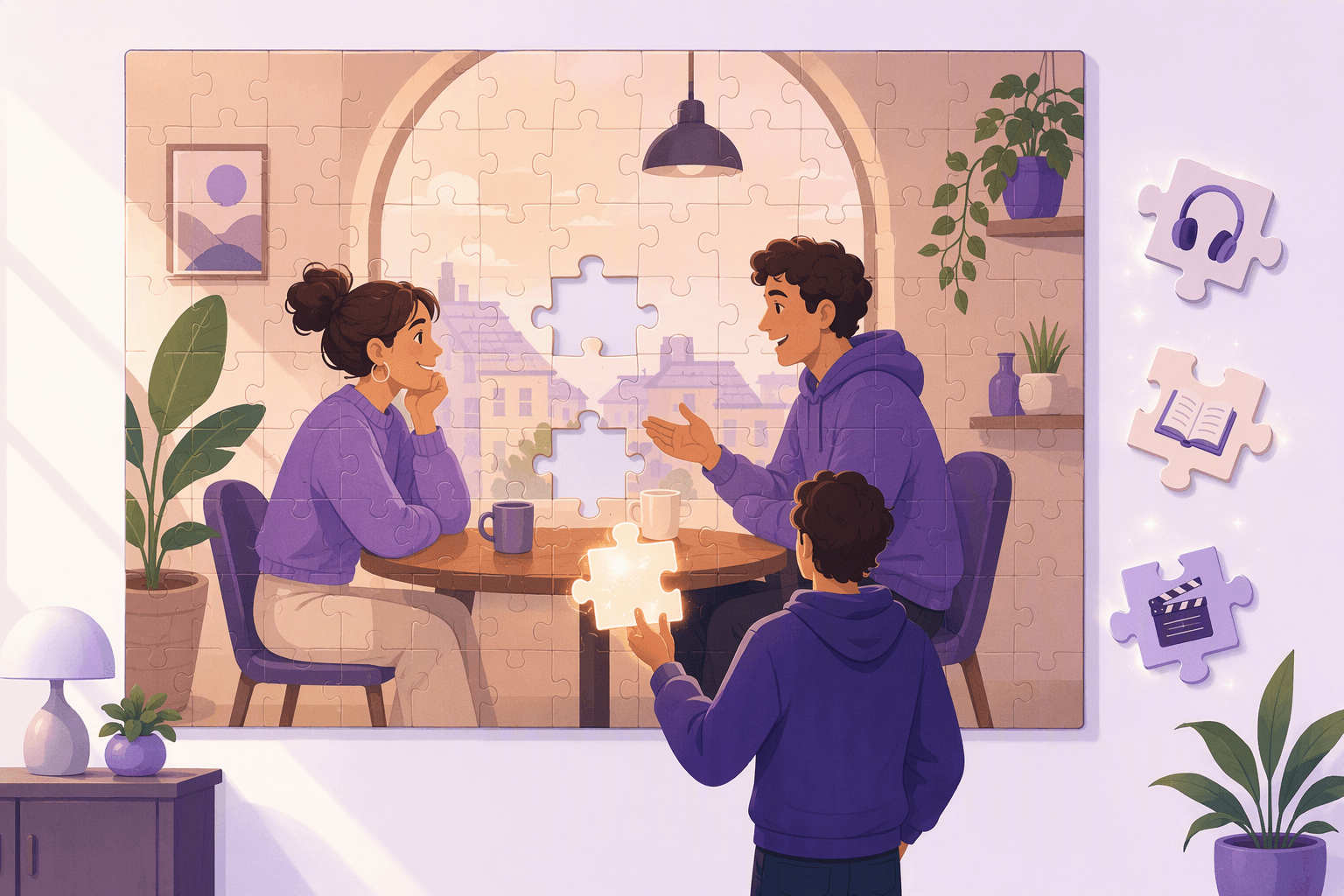 Una persona si trova davanti a un puzzle grande quanto una parete che raffigura una scena quotidiana di caffè in cui due amici si guardano al di là di un tavolo, con quasi tutti i pezzi già al loro posto così che l'immagine si legge chiaramente, mentre restano due spazi vuoti a forma di pezzo e la persona tiene un unico pezzo luminoso vicino allo spazio più prossimo, con tre pezzi di scorta che fluttuano lì vicino recando icone di cuffie, libro aperto e ciak, a illustrare come il contesto permetta di riempire l'unico pezzo mancante dell'input comprensibile