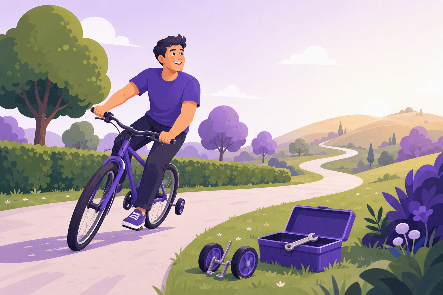 Un adulto sorridente guida una bicicletta con sicurezza lungo un sentiero curvo di un parco, inclinandosi nella curva mentre le piccole rotelle stabilizzatrici ancora fissate alla ruota posteriore fluttuano inutilmente sopra il terreno; sull'erba accanto al sentiero una cassetta degli attrezzi aperta aspetta con una chiave inglese sopra e un secondo paio di rotelle già rimosse accanto, mentre il sentiero continua libero verso colline soleggiate, a illustrare gli studenti che mantengono rotelle di sostegno come audio rallentato e sottotitoli nella lingua madre molto più a lungo del necessario