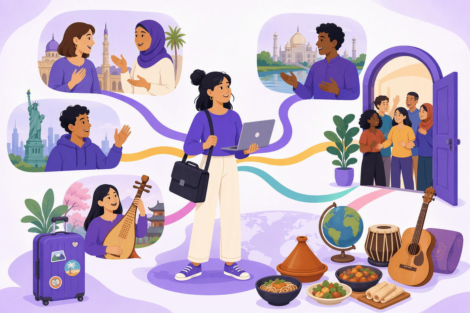 A diverse learner stands at the center of a network linking international friends, career tools, travel symbols, cultural objects, and an open community doorway.