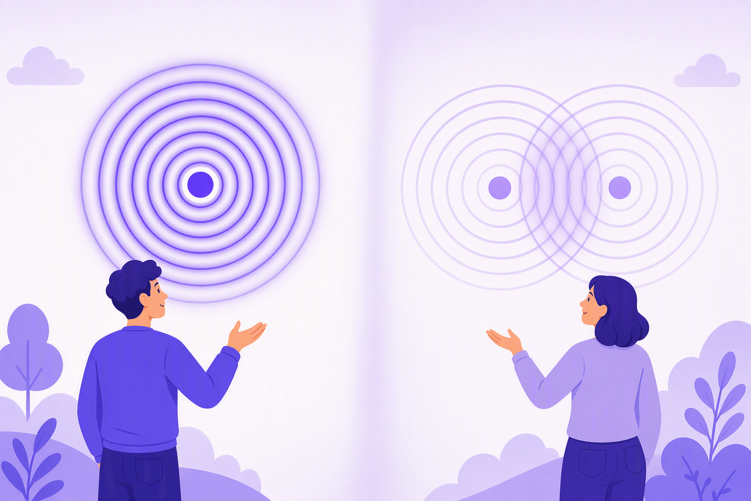 Two sets of sound ripples side by side: one pair perfectly aligned on a shared center, the other pair offset so the rings only partly overlap