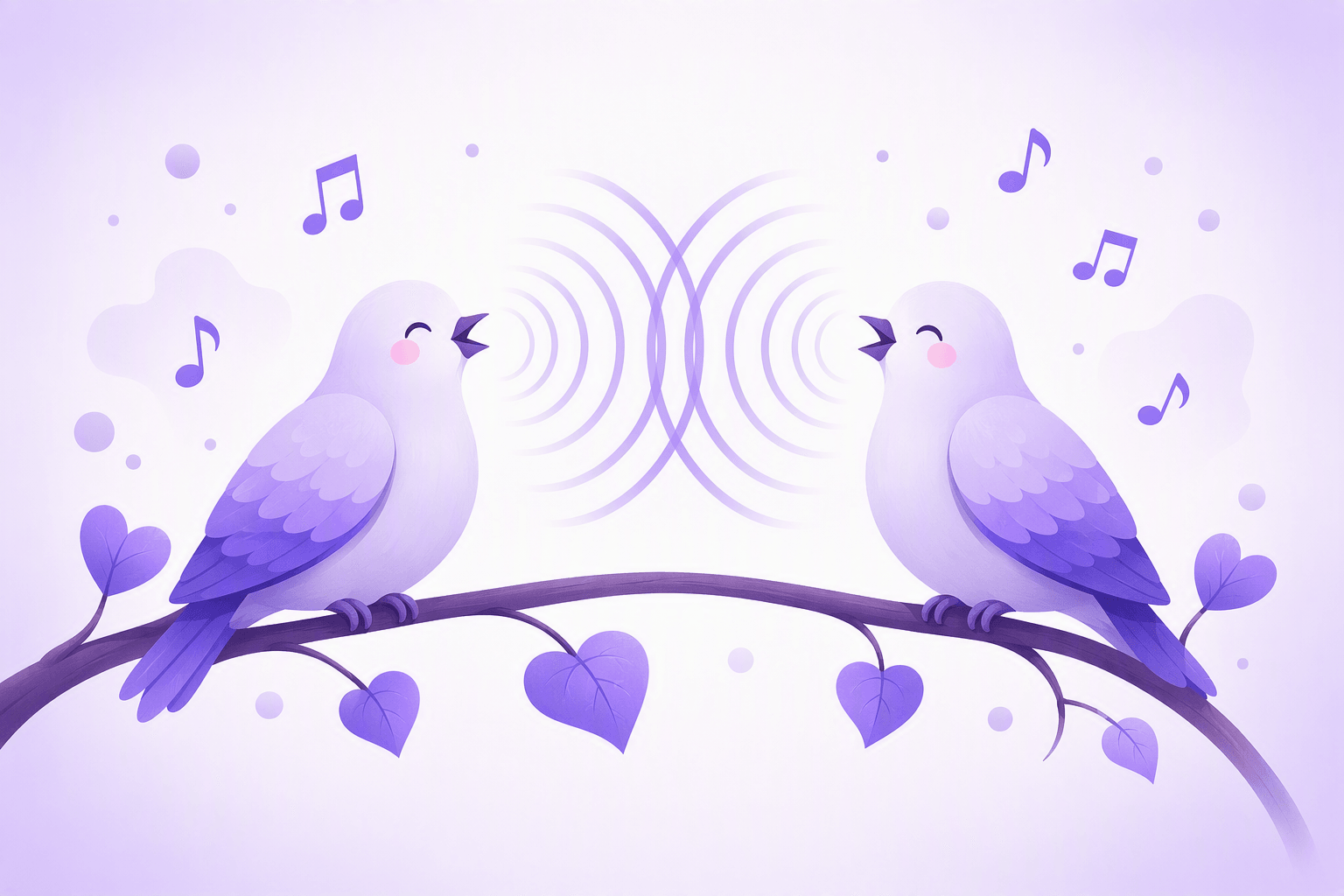 Two doves facing each other on a branch, singing a duet, with their sound waves meeting and matching in the middle