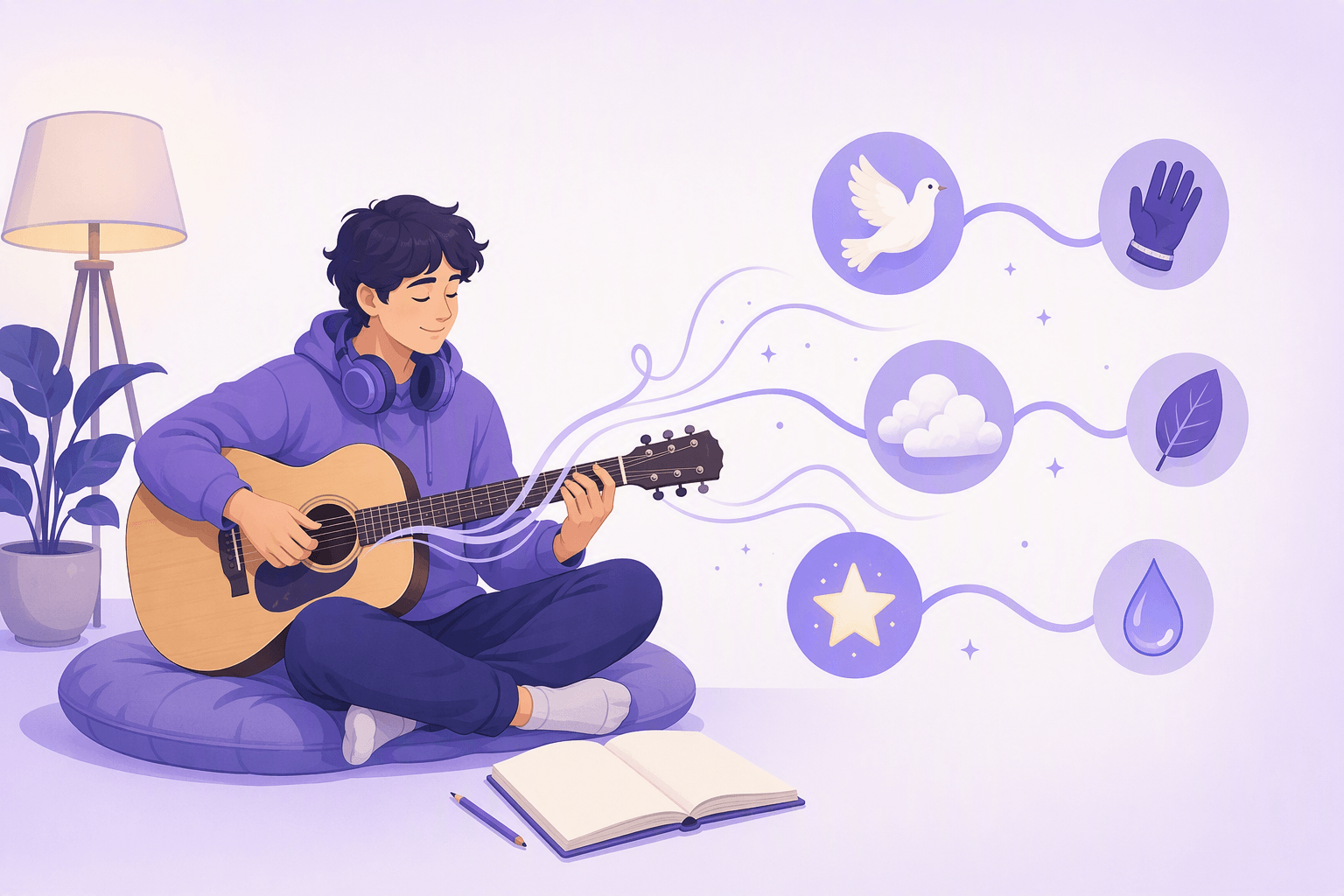 A songwriter with an acoustic guitar and a blank notebook, sound waves from the guitar linking small icons into matching pairs