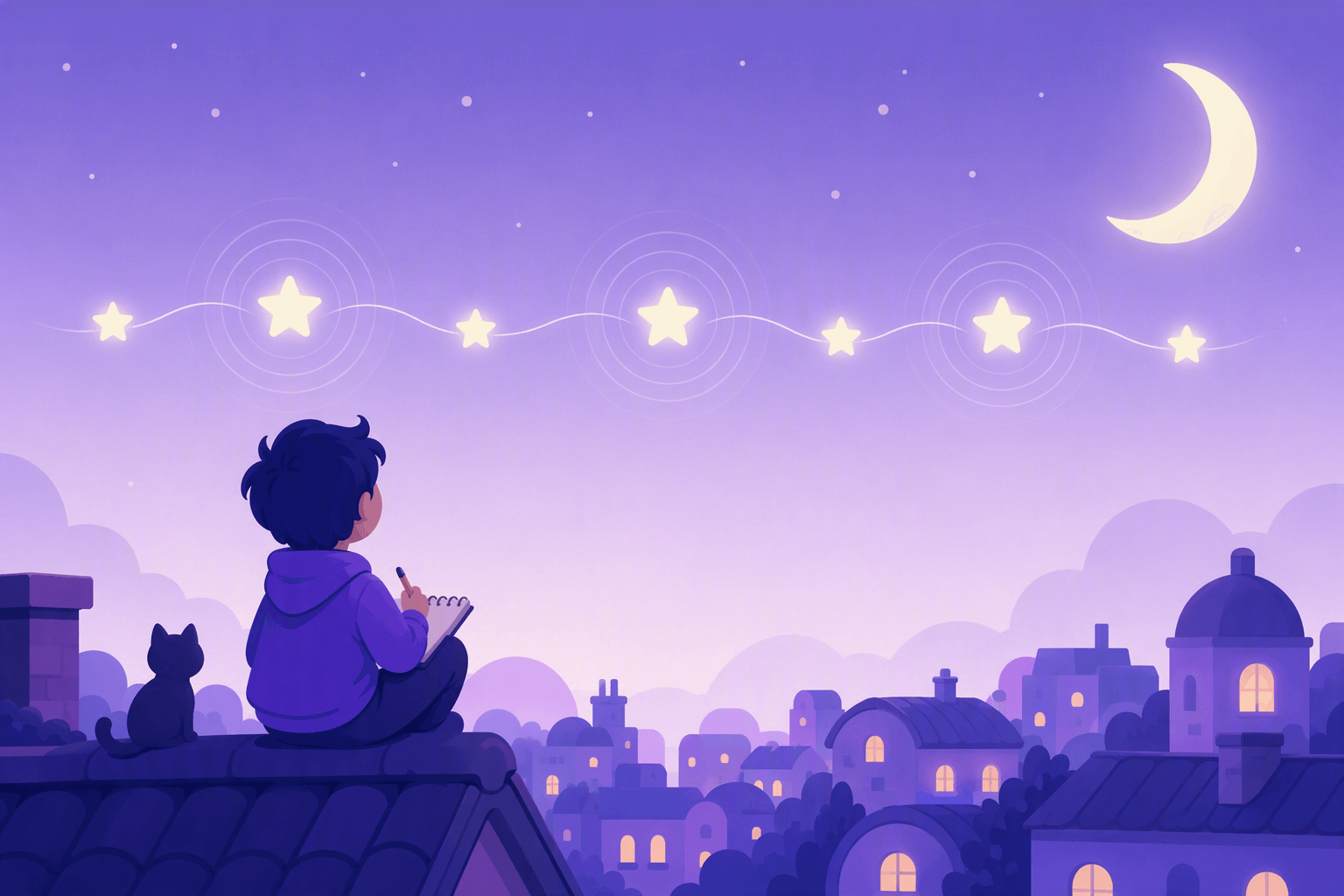 Illustration of a night sky in soft purple tones with a crescent moon, where a row of evenly spaced glowing stars sits along a gently curving line like beats on a rhythm track, with concentric ripple rings spreading from several stars, while a person and a cat sit on a rooftop below looking up, the person holding a notebook and pencil