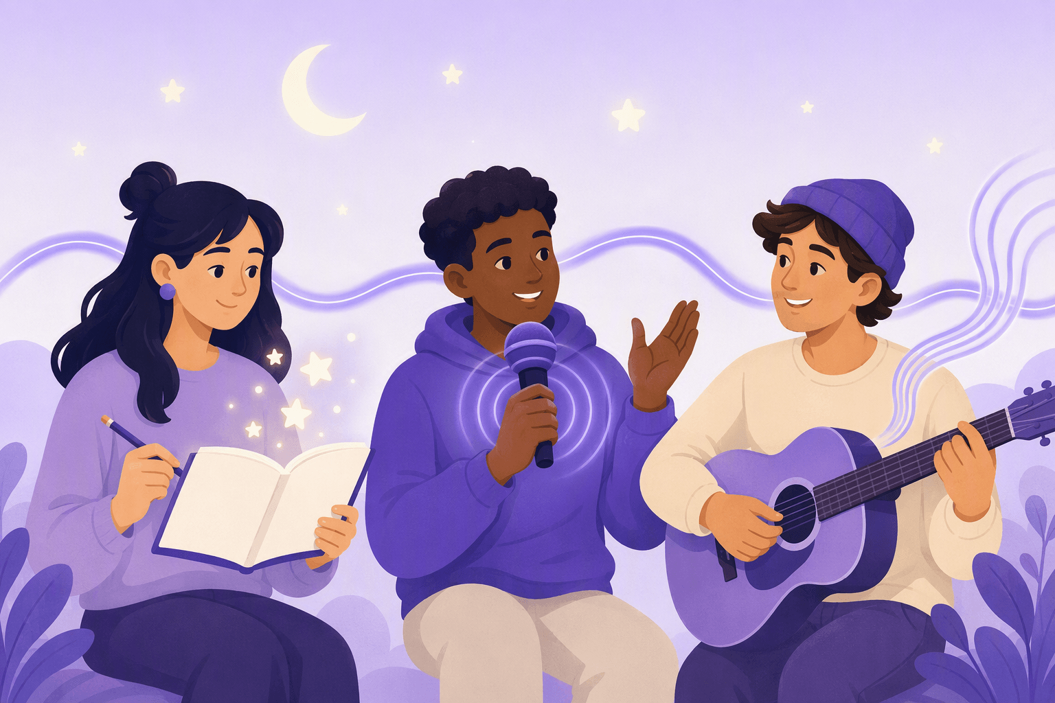 Illustration of three people side by side under a purple night sky with a crescent moon and small stars: on the left a person writes in an open blank notebook with tiny stars floating above the pages, in the middle a person holds a microphone with concentric ripple rings around it and one hand raised in a rhythmic gesture, on the right a person plays an acoustic guitar with wavy sound ripples curling upward, all three linked by a glowing wave line flowing behind them