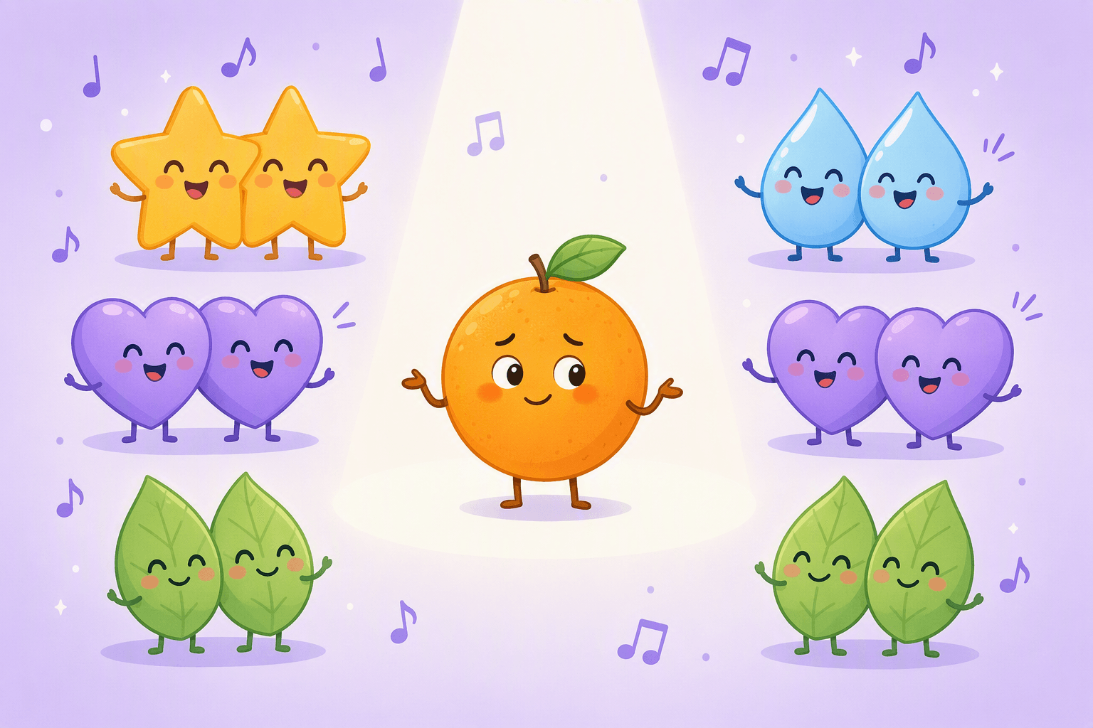 Eine Illustration einer einsamen orangefarbenen Frucht, die allein im Scheinwerferlicht in der Mitte des Bildes steht und mit einem leicht verlegenen Lächeln die Schultern zuckt, während um sie herum vier glückliche, gepaarte Paare nebeneinanderstehen: zwei identische gelbe Sterne, zwei violette Herzen, zwei grüne Blätter und zwei blaue Wassertropfen, kleine Notenzeichen schweben in der Luft