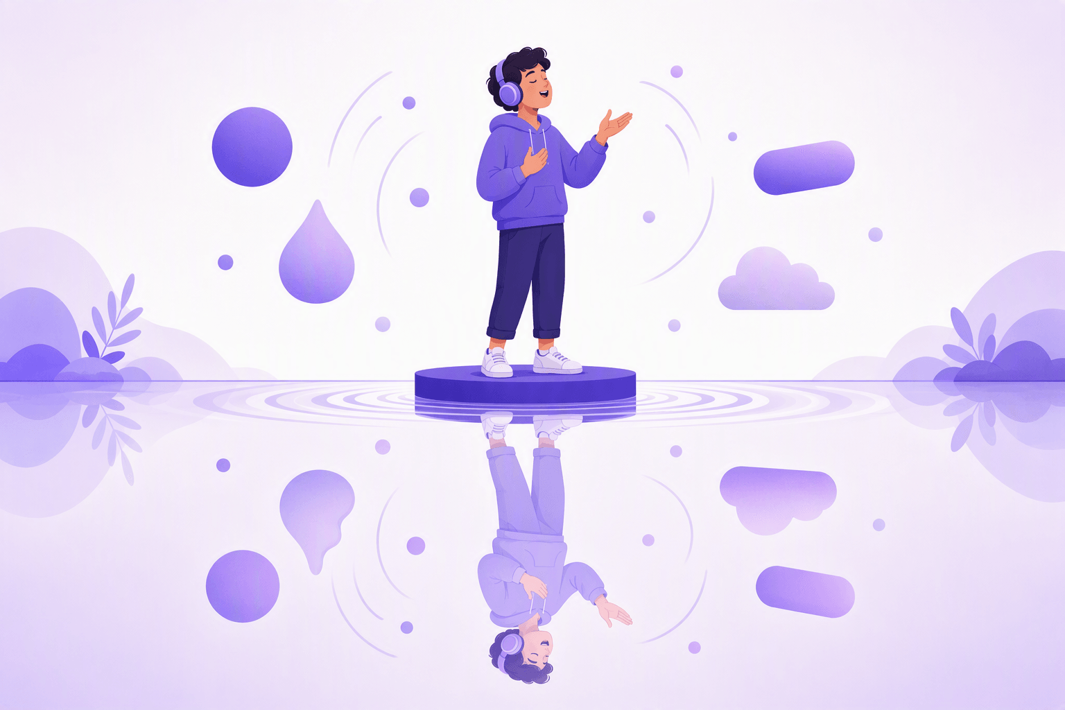 A singer standing above a mirror-smooth water surface while their reflection and the floating shapes around them pair up one by one below the line, with one pair slightly mismatched