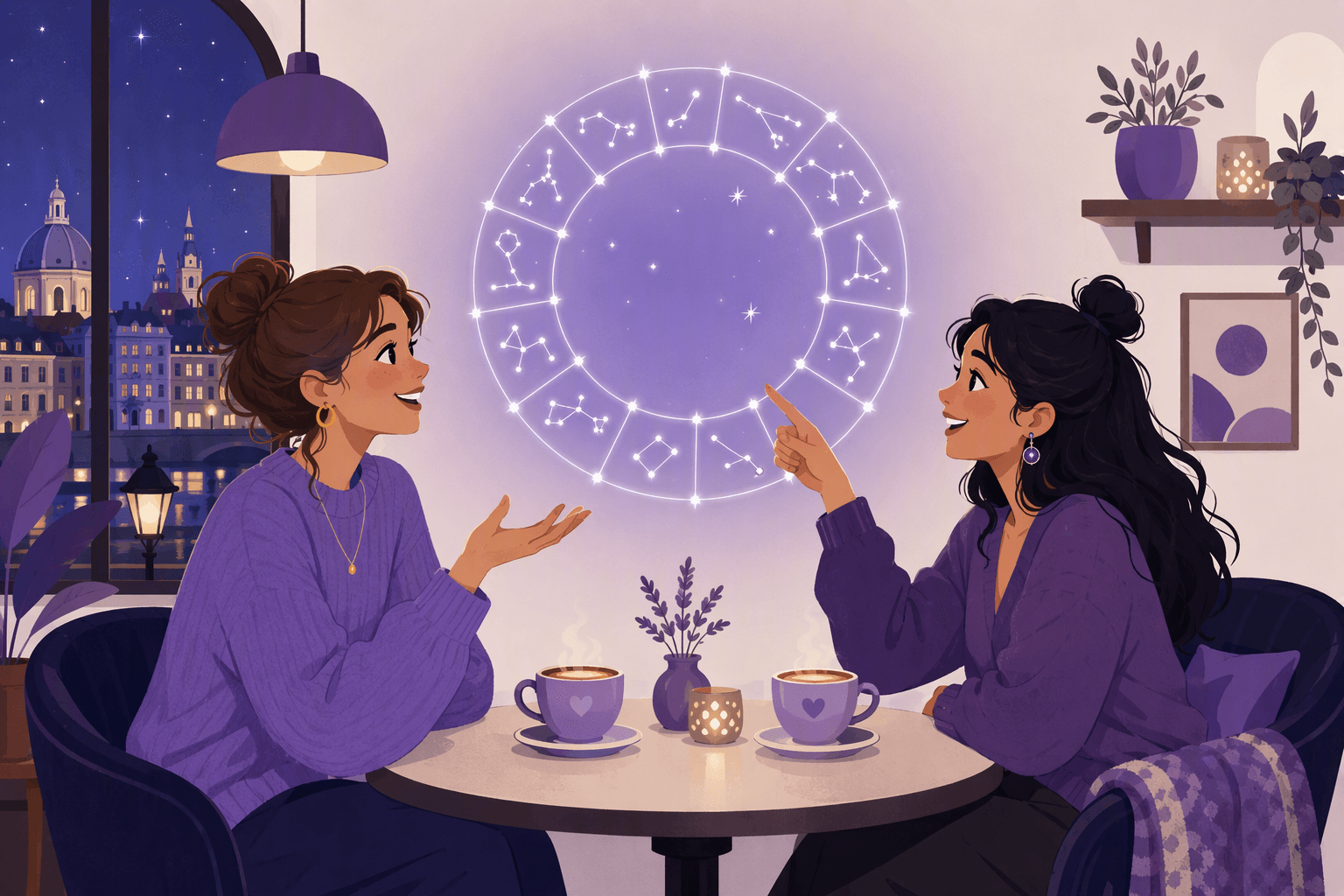 Two friends in a German cafe chatting under a glowing wheel of twelve zodiac constellations