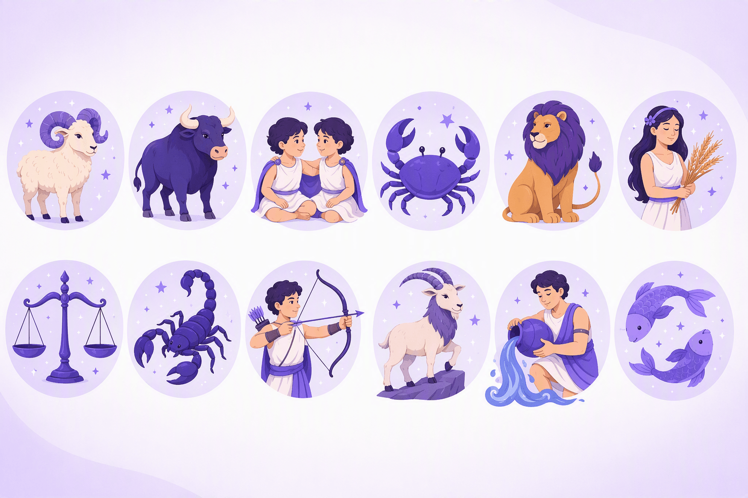Illustrated badges for the twelve zodiac signs: ram, bull, twins, crab, lion, maiden, scales, scorpion, archer, goat, water bearer and fish
