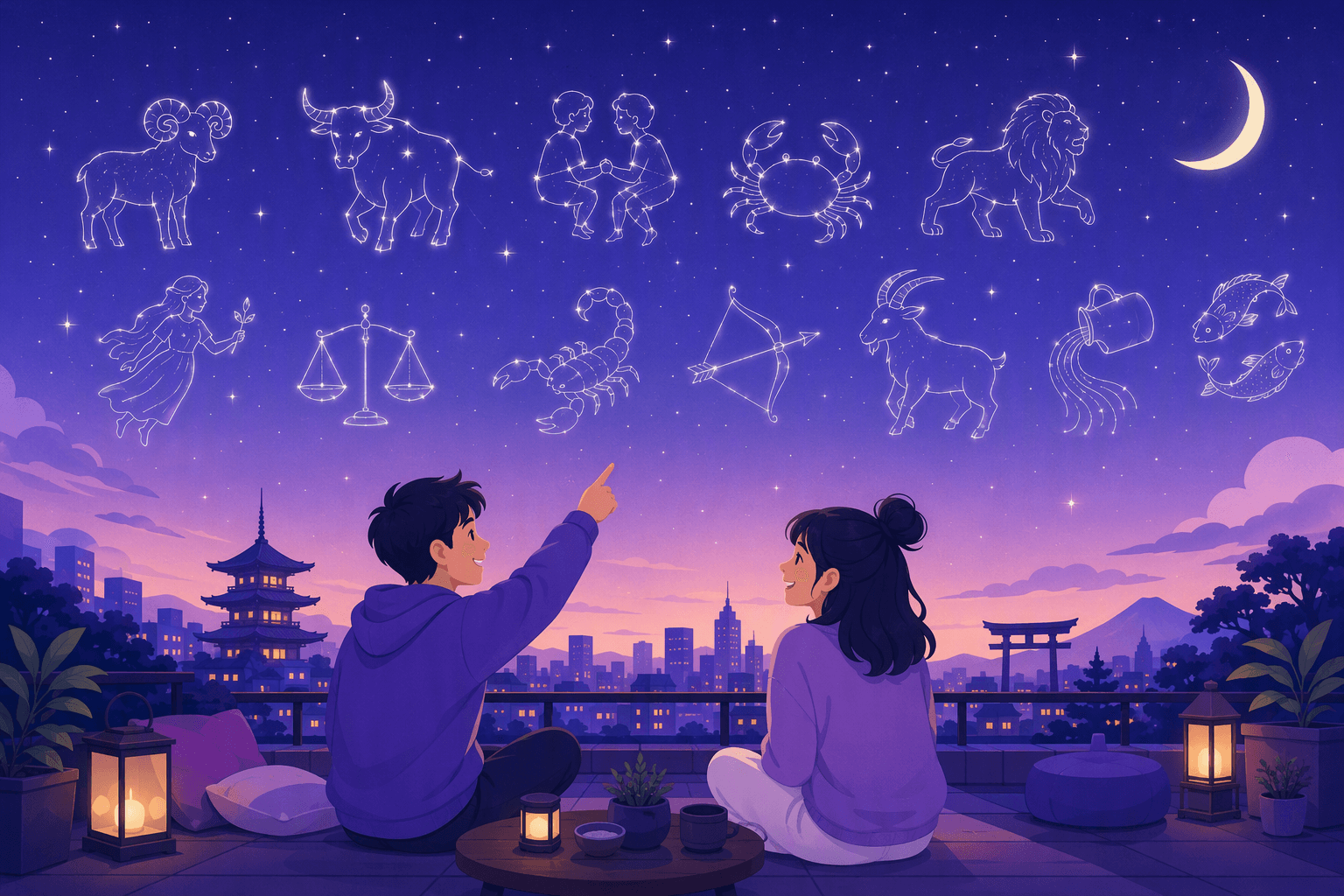 Two friends on a rooftop terrace in Japan at dusk, looking up at the twelve western zodiac constellations drawn in stars above a skyline with a pagoda and a torii gate